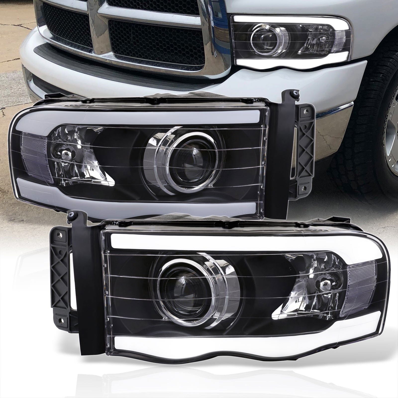 Dodge Ram 1500 2002-2005 / Ram 2500 3500 2003-2005 LED DRL Bar Projector Headlights Black Housing Clear Len Clear Reflector - Parts Agent