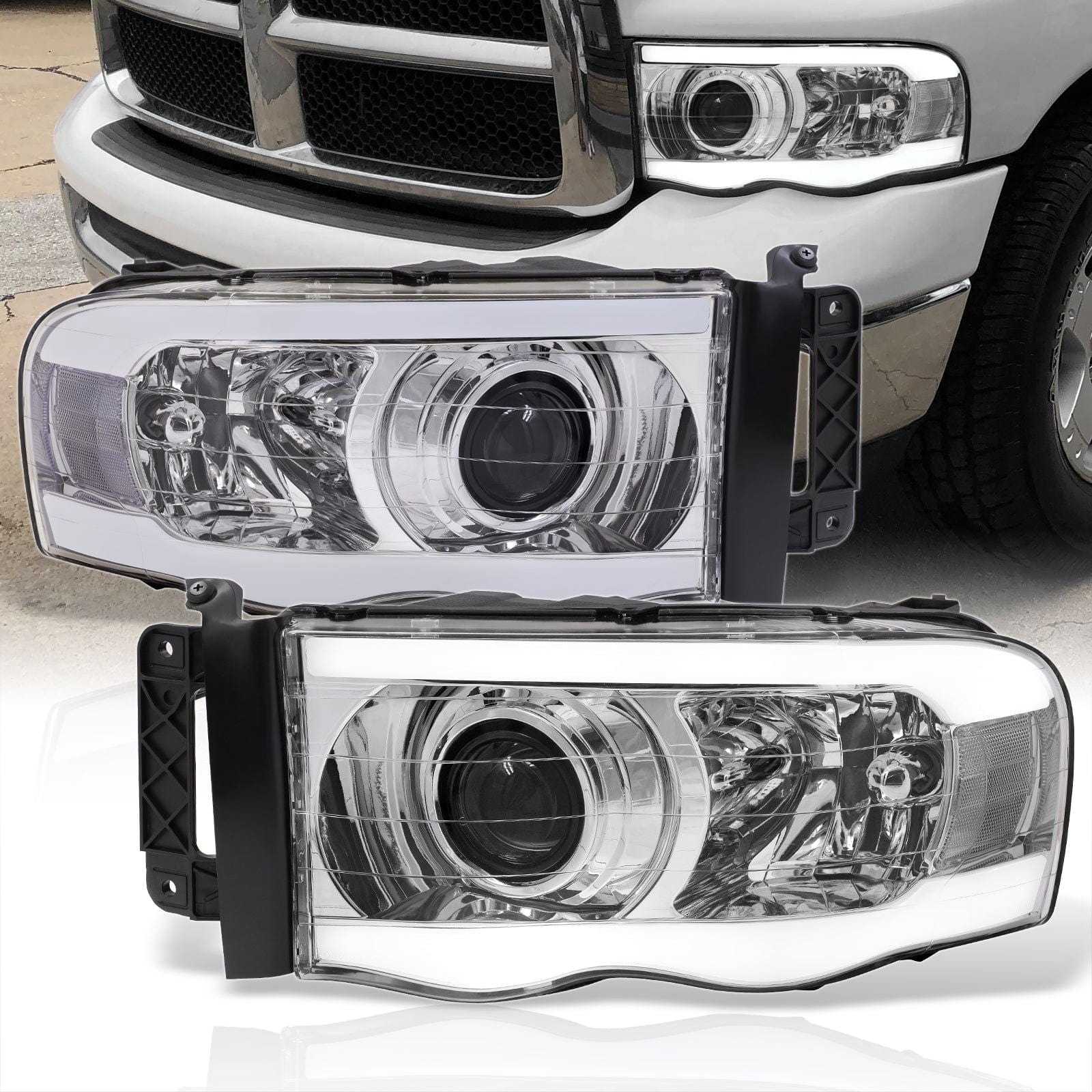 Dodge Ram 1500 2002-2005 / Ram 2500 3500 2003-2005 LED DRL Bar Projector Headlights Chrome Housing Clear Len Clear Reflector - Parts Agent