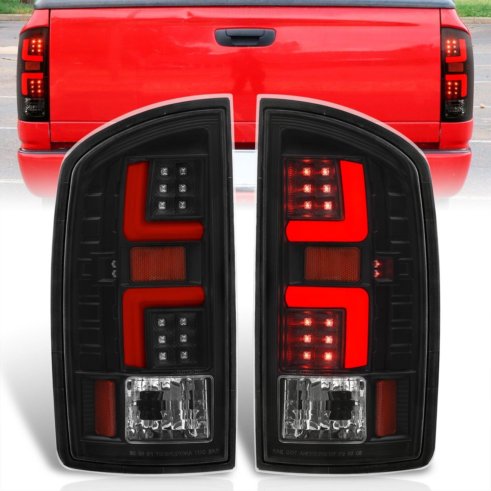 Dodge Ram 1500 2002-2006 / 2500 3500 2003-2006 LED Bar Tail Lights Black Housing Clear Len Red Tube (Excluding OEM LED Models) - Parts Agent