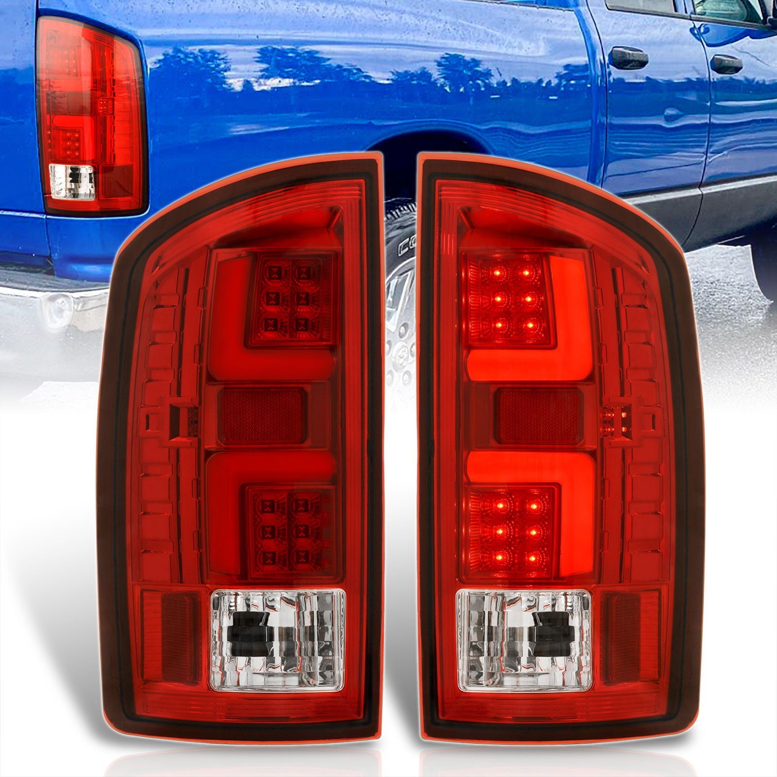 Dodge Ram 1500 2002-2006 / 2500 3500 2003-2006 LED Bar Tail Lights Chrome Housing Red Len White Tube (Excluding OEM LED Models) - Parts Agent