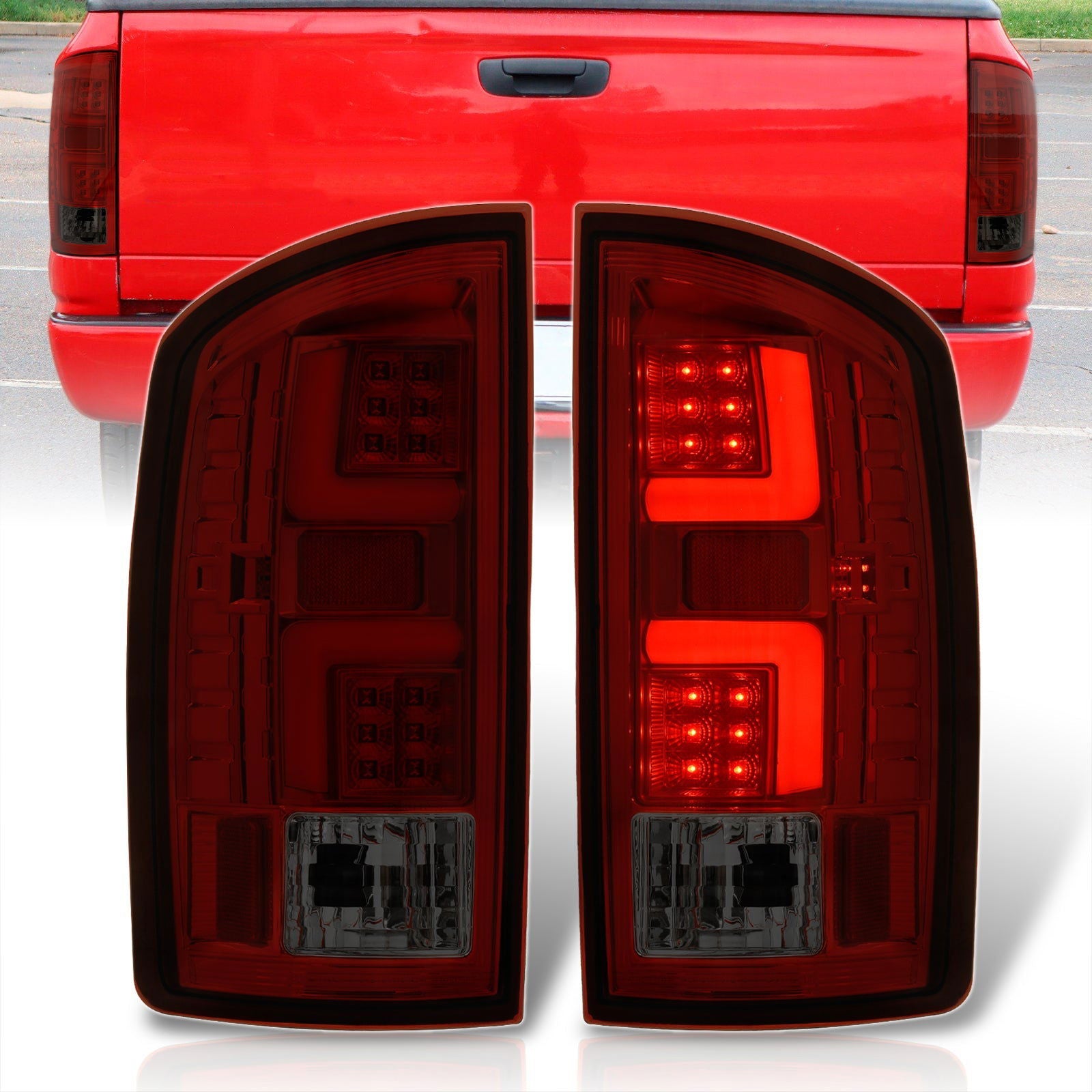 Dodge Ram 1500 2002-2006 / 2500 3500 2003-2006 LED Bar Tail Lights Chrome Housing Red Smoke Len White Tube (Excluding OEM LED Models) - Parts Agent
