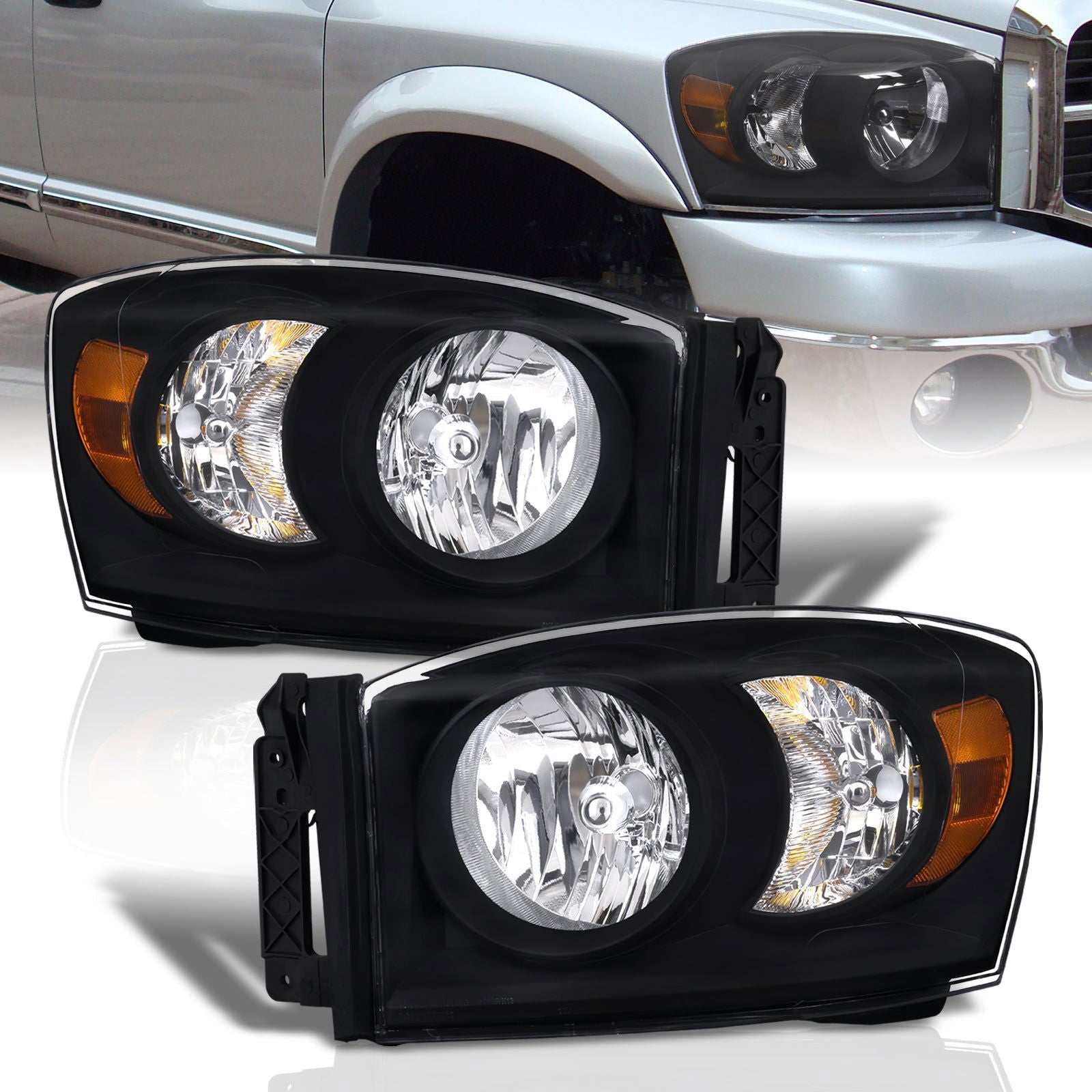 Dodge Ram 1500 2006-2008 / Ram 2500 3500 2006-2009 Factory Style Headlights Black Housing Clear Len Amber Reflector - Parts Agent