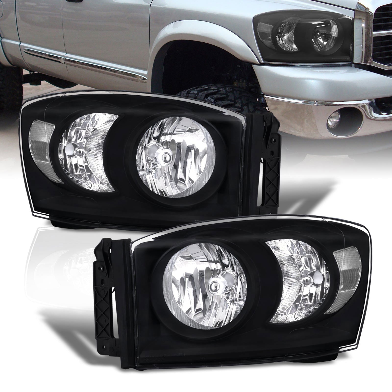 Dodge Ram 1500 2006-2008 / Ram 2500 3500 2006-2009 Factory Style Headlights Black Housing Clear Len Clear Reflector - Parts Agent