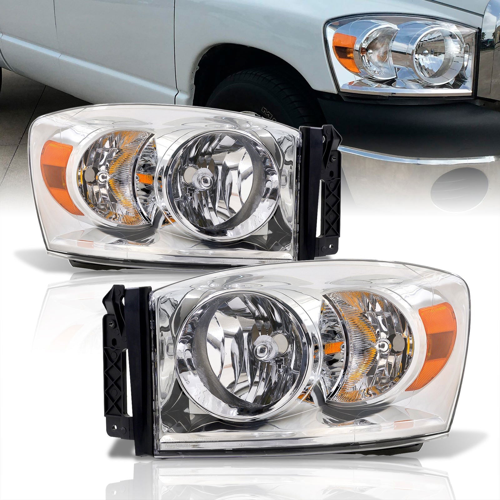 Dodge Ram 1500 2006-2008 / Ram 2500 3500 2006-2009 Factory Style Headlights Chrome Housing Clear Len Amber Reflector - Parts Agent