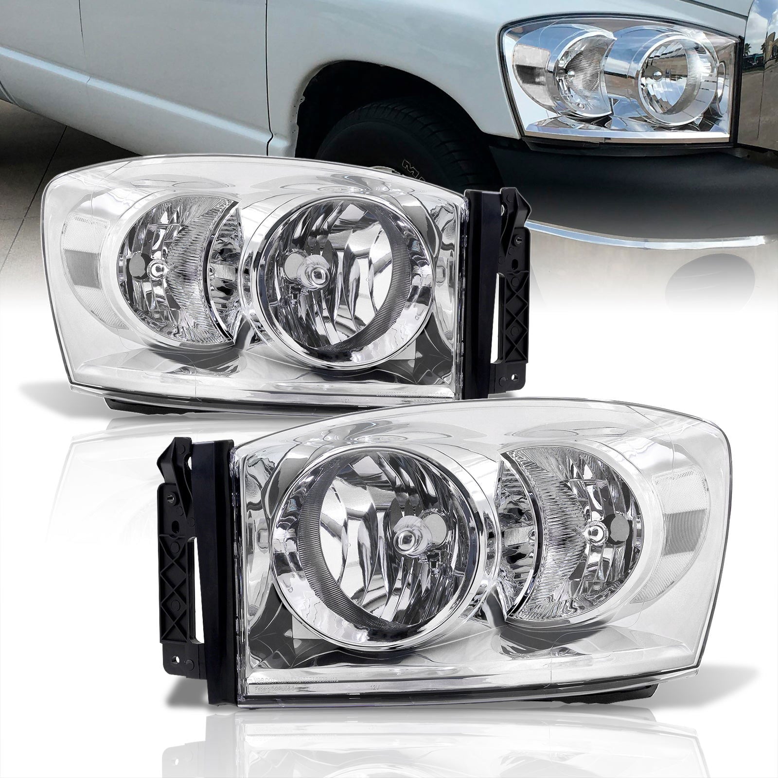 Dodge Ram 1500 2006-2008 / Ram 2500 3500 2006-2009 Factory Style Headlights Chrome Housing Clear Len Clear Reflector - Parts Agent