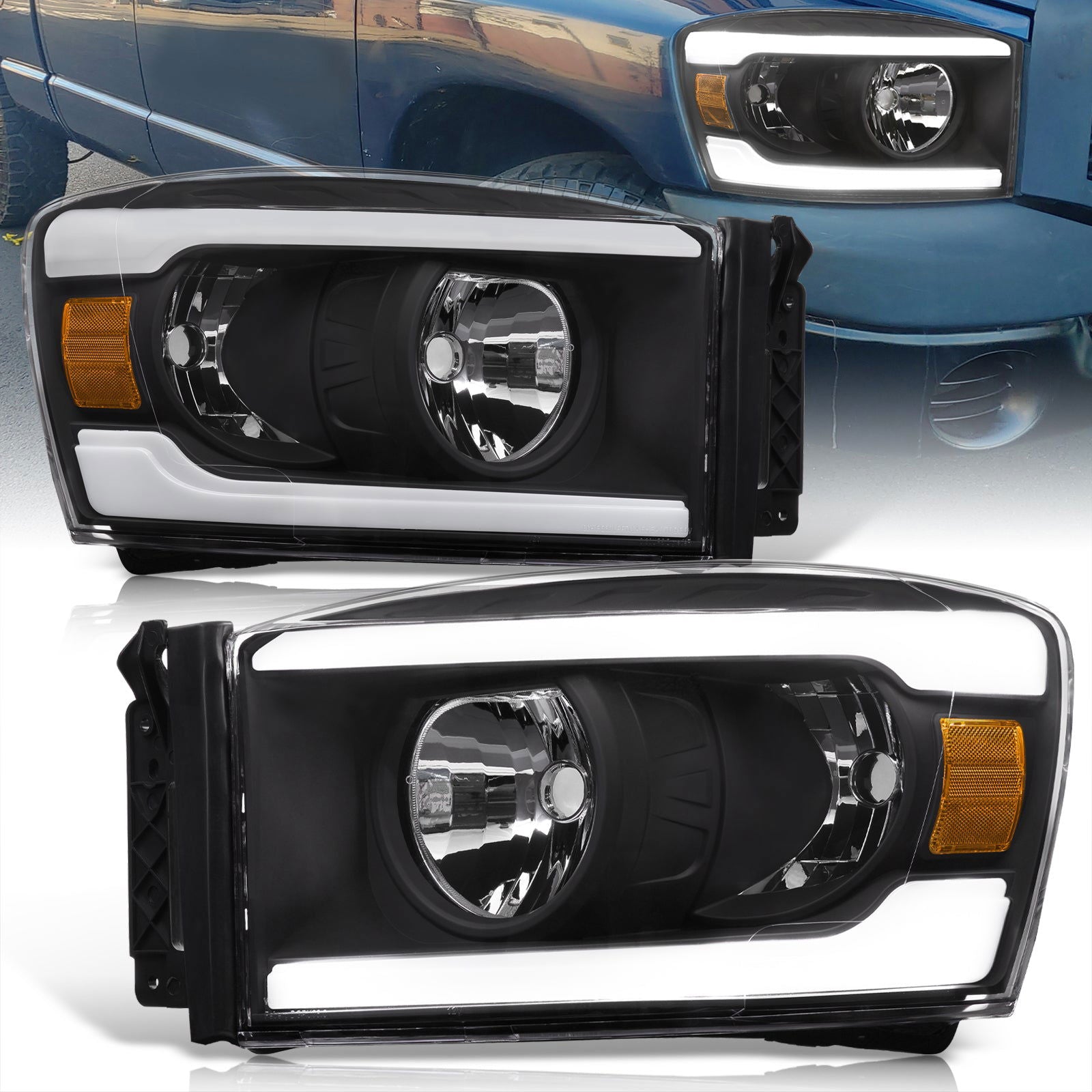 Dodge Ram 1500 2006-2008 / Ram 2500 3500 2006-2009 LED DRL Bar Factory Style Headlights Black Housing Clear Len Amber Reflector - Parts Agent