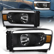 Dodge Ram 1500 2006-2008 / Ram 2500 3500 2006-2009 LED DRL Bar Factory Style Headlights Black Housing Clear Len Amber Reflector - Parts Agent