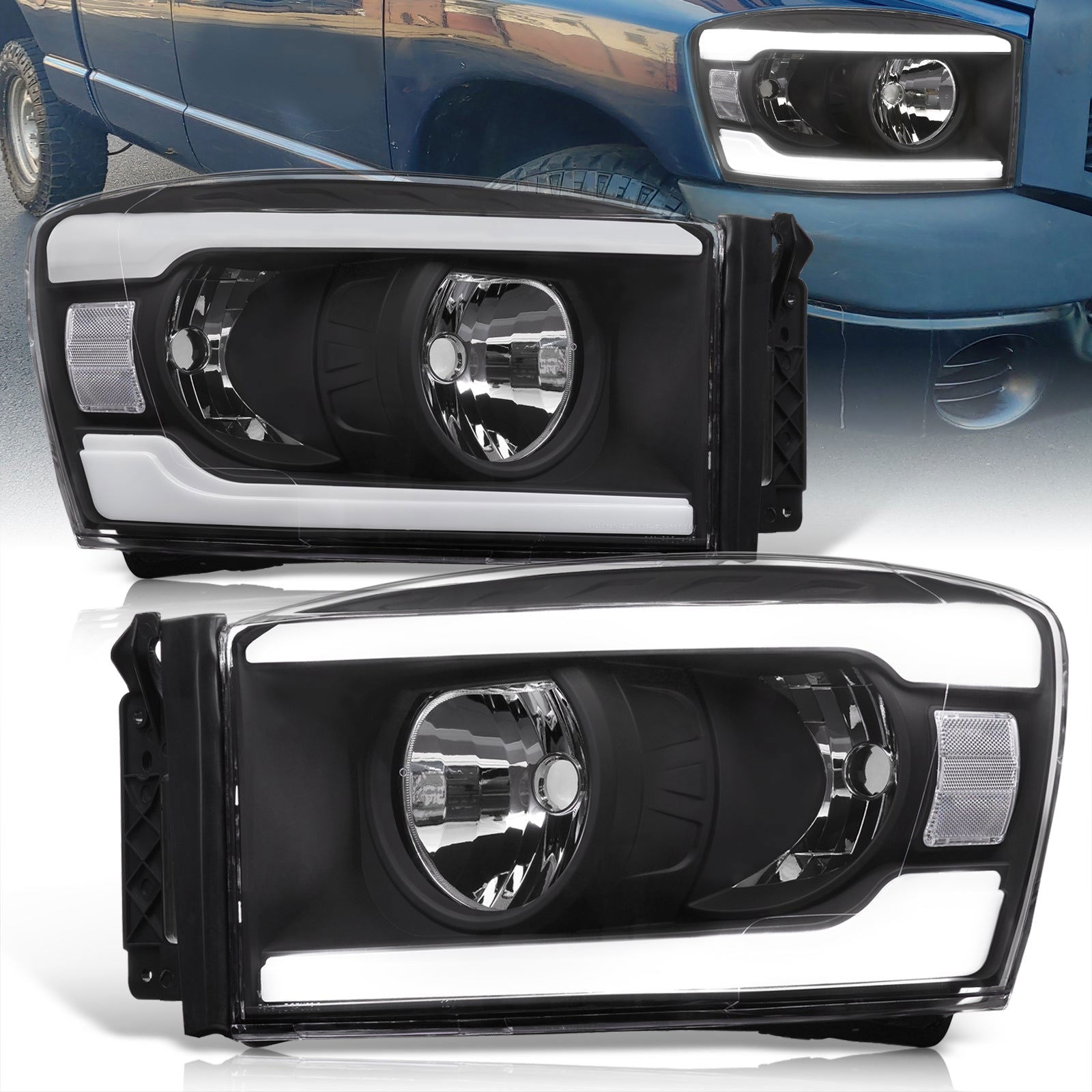 Dodge Ram 1500 2006-2008 / Ram 2500 3500 2006-2009 LED DRL Bar Factory Style Headlights Black Housing Clear Len Clear Reflector - Parts Agent