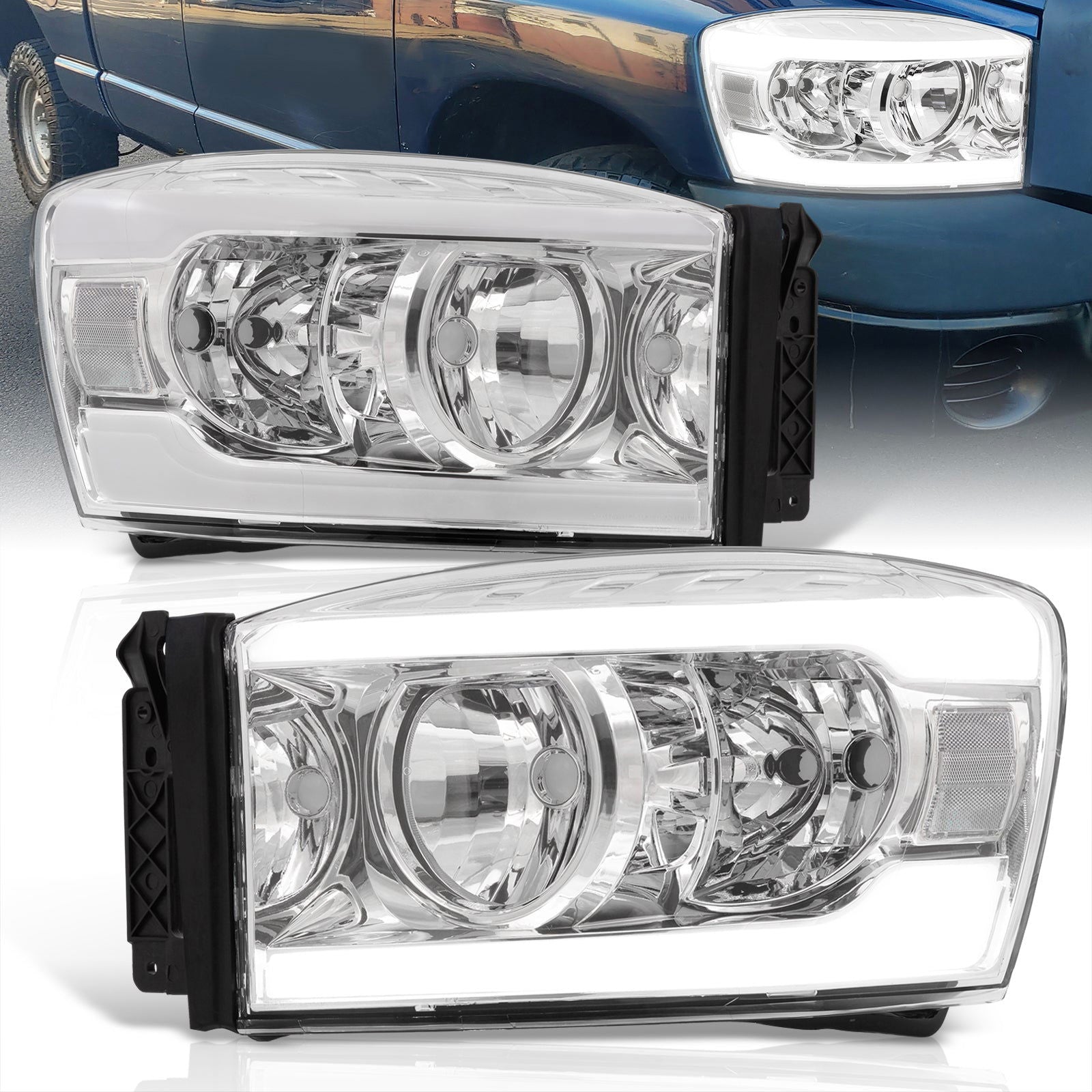 Dodge Ram 1500 2006-2008 / Ram 2500 3500 2006-2009 LED DRL Bar Factory Style Headlights Chrome Housing Clear Len Clear Reflector - Parts Agent