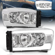 Dodge Ram 1500 2006-2008 / Ram 2500 3500 2006-2009 LED DRL Bar Factory Style Headlights Chrome Housing Clear Len Clear Reflector - Parts Agent