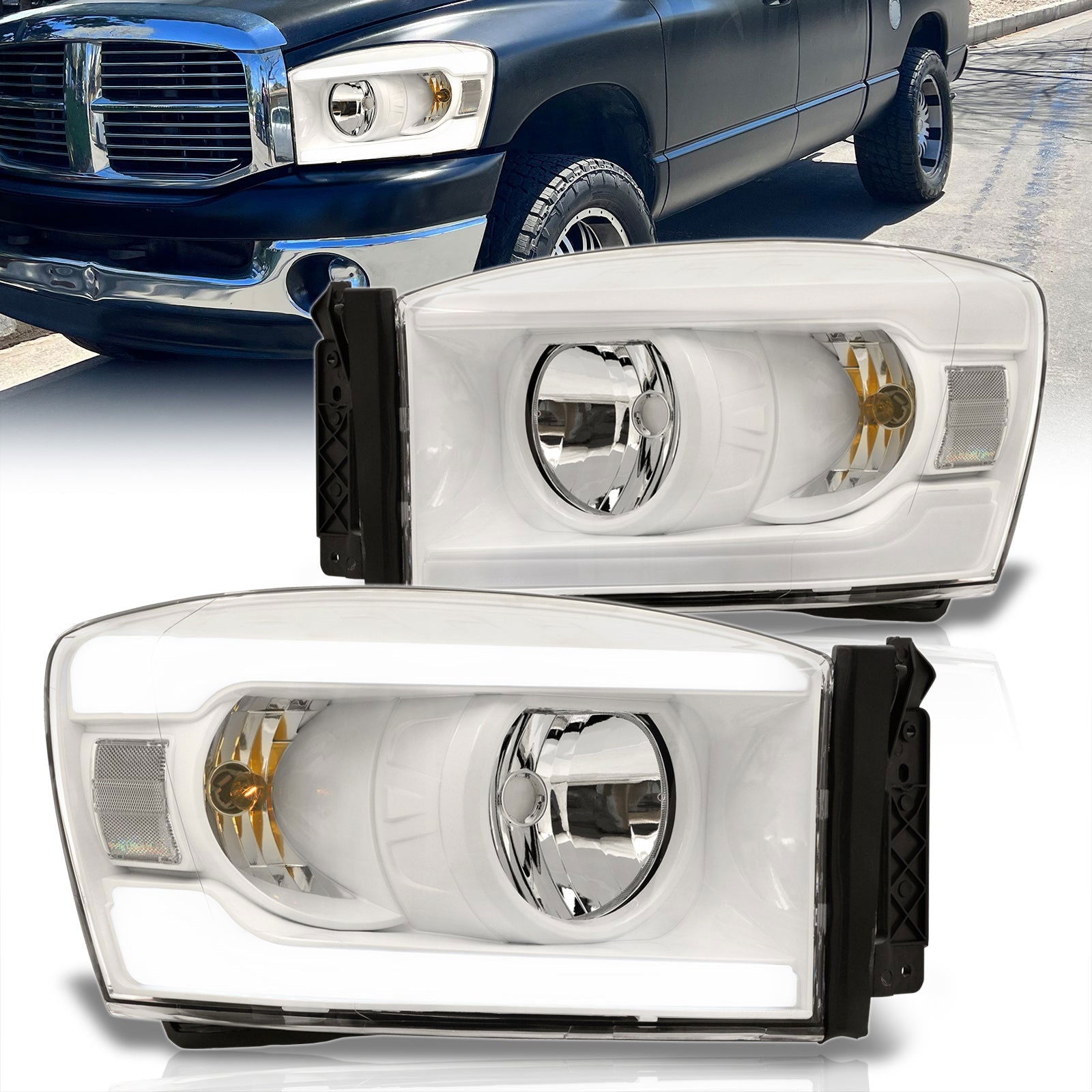 Dodge Ram 1500 2006-2008 / Ram 2500 3500 2006-2009 LED DRL Bar Factory Style Headlights White Housing Clear Len Clear Reflector - Parts Agent