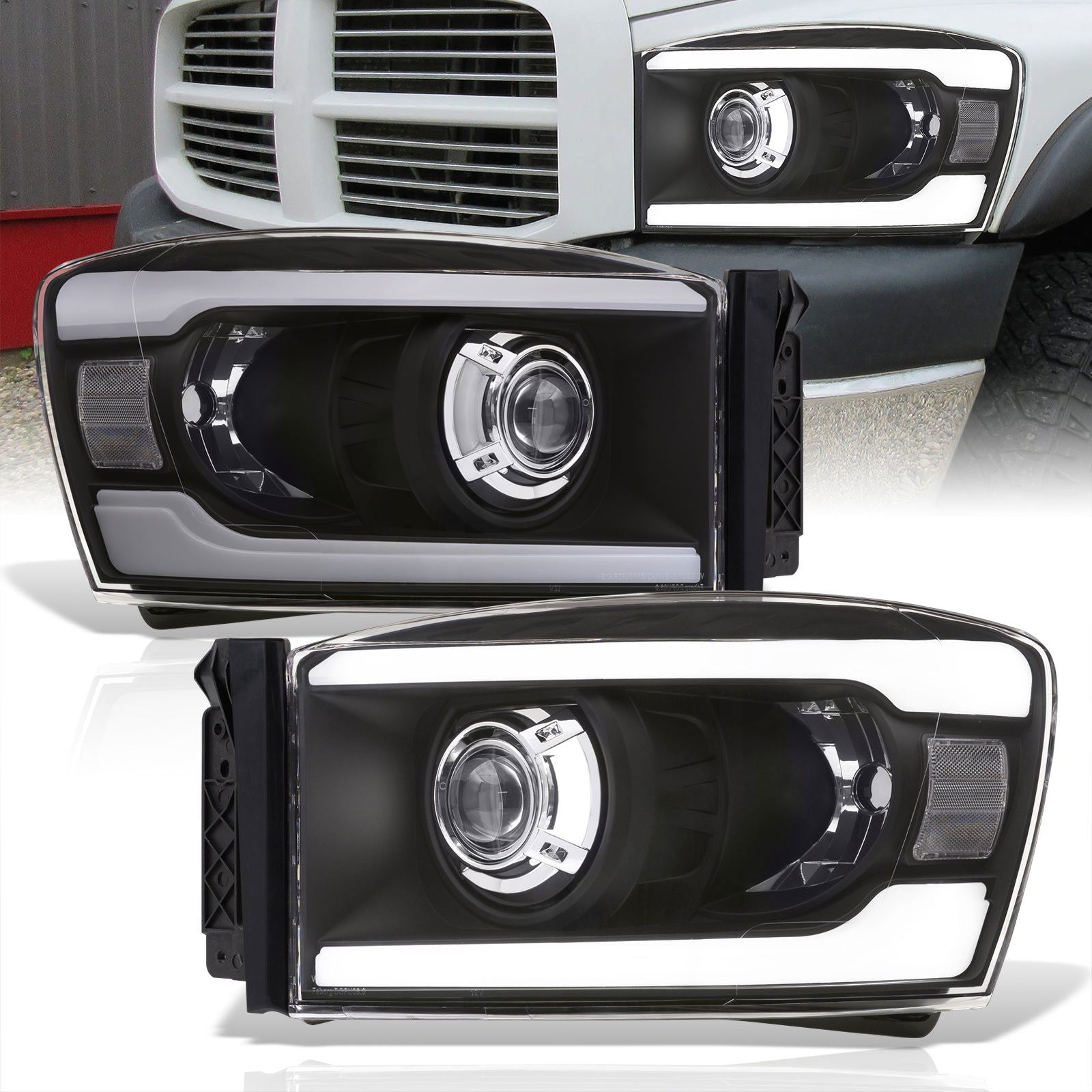 Dodge Ram 1500 2006-2008 / Ram 2500 3500 2006-2009 LED DRL Bar Projector Headlights Black Housing Clear Len Clear Reflector - Parts Agent