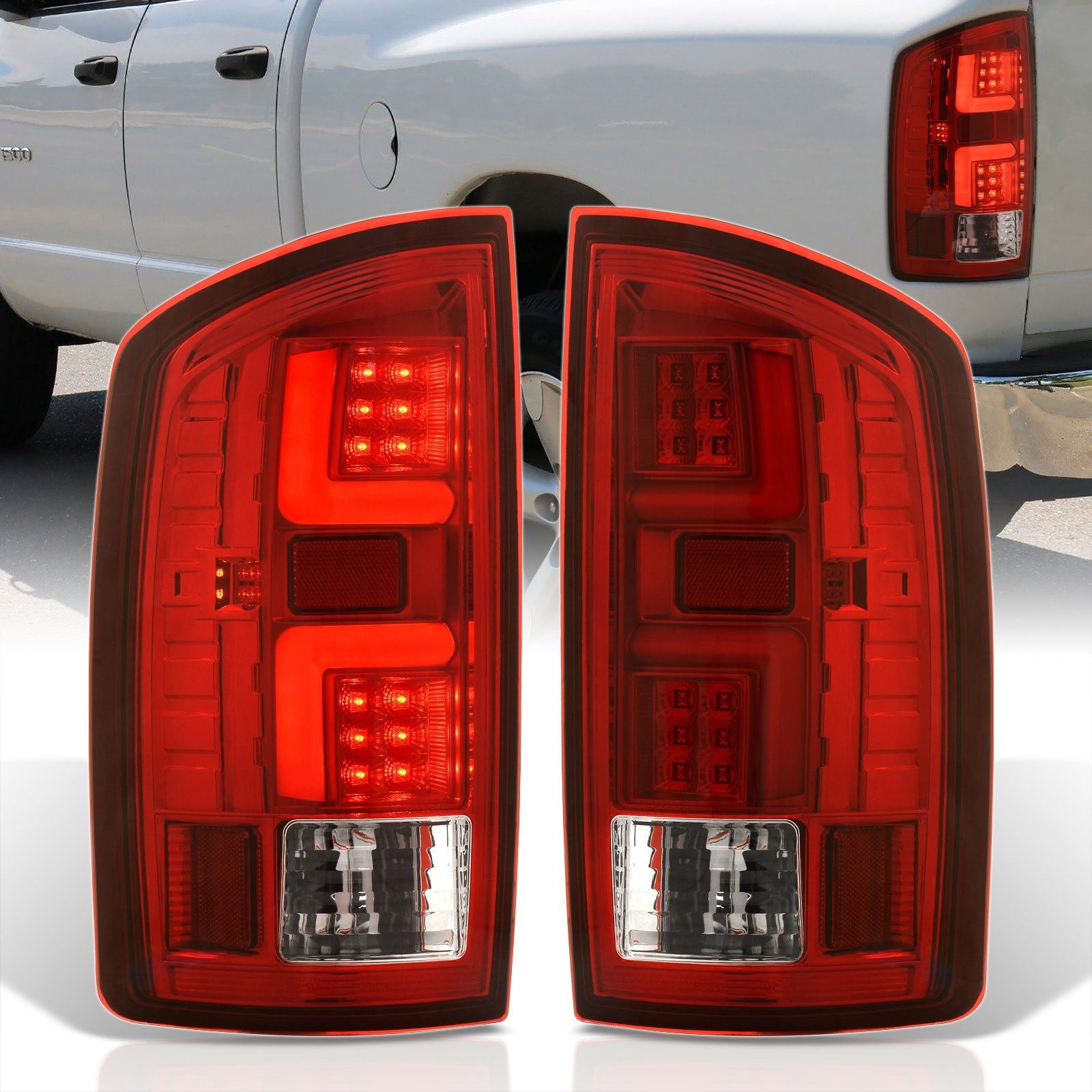 Dodge Ram 1500 2007-2008 / 2500 3500 2007-2009 LED Bar Tail Lights Chrome Housing Red Len White Tube (Excluding OEM LED Models) - Parts Agent