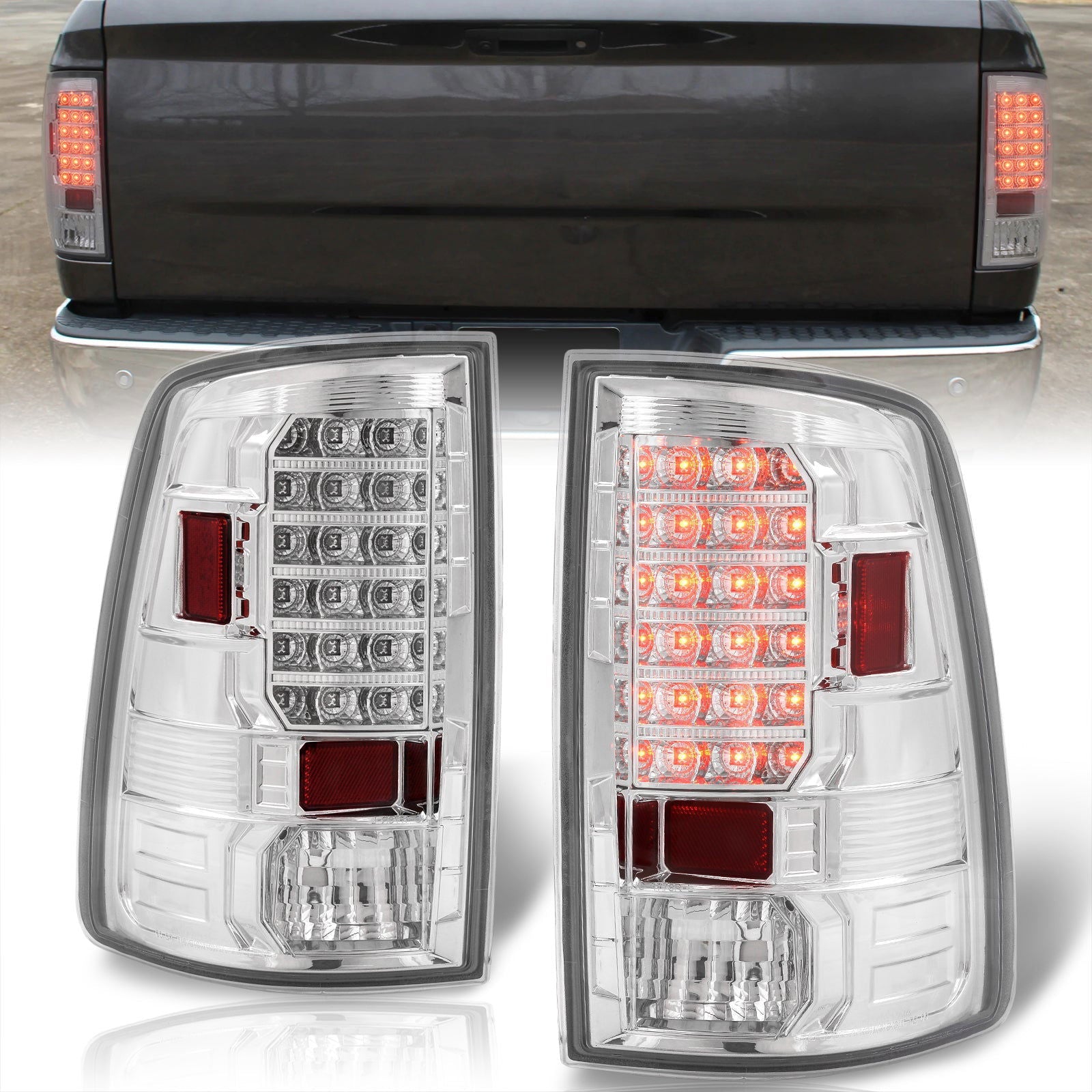 Dodge Ram 1500 2009-2018 / 2500 3500 2010-2018 LED Tail Lights Chrome Housing Clear Len (Excluding OEM LED Models) - Parts Agent