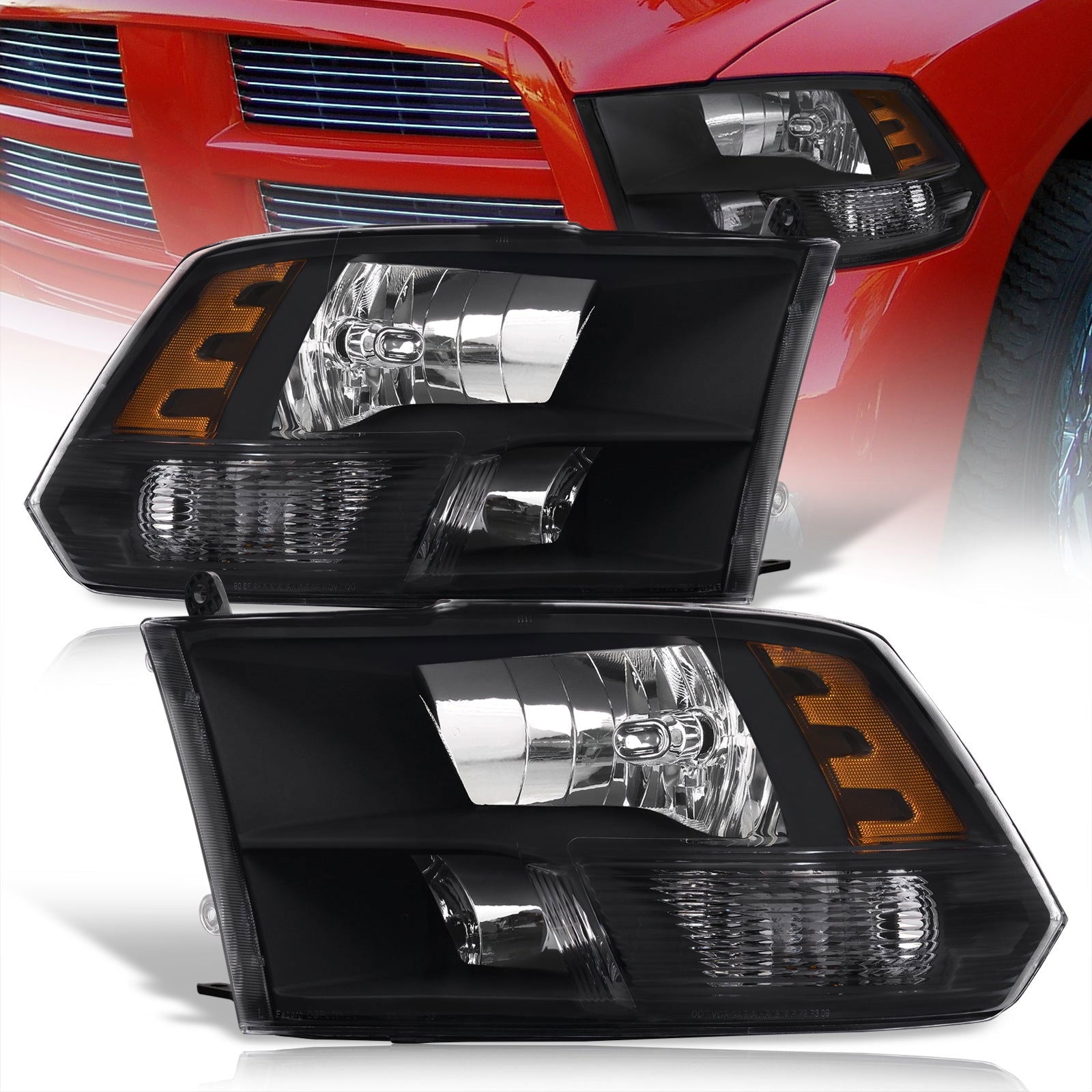 Dodge Ram 1500 2009-2018 / Ram 2500 3500 2010-2018 / Ram 4500 5500 2011-2018 / Ram 1500 Classic 2019-2023 Factory Style Quad Headlights Black Housing Clear Len Amber Reflector (Halogen Models Only) - Parts Agent