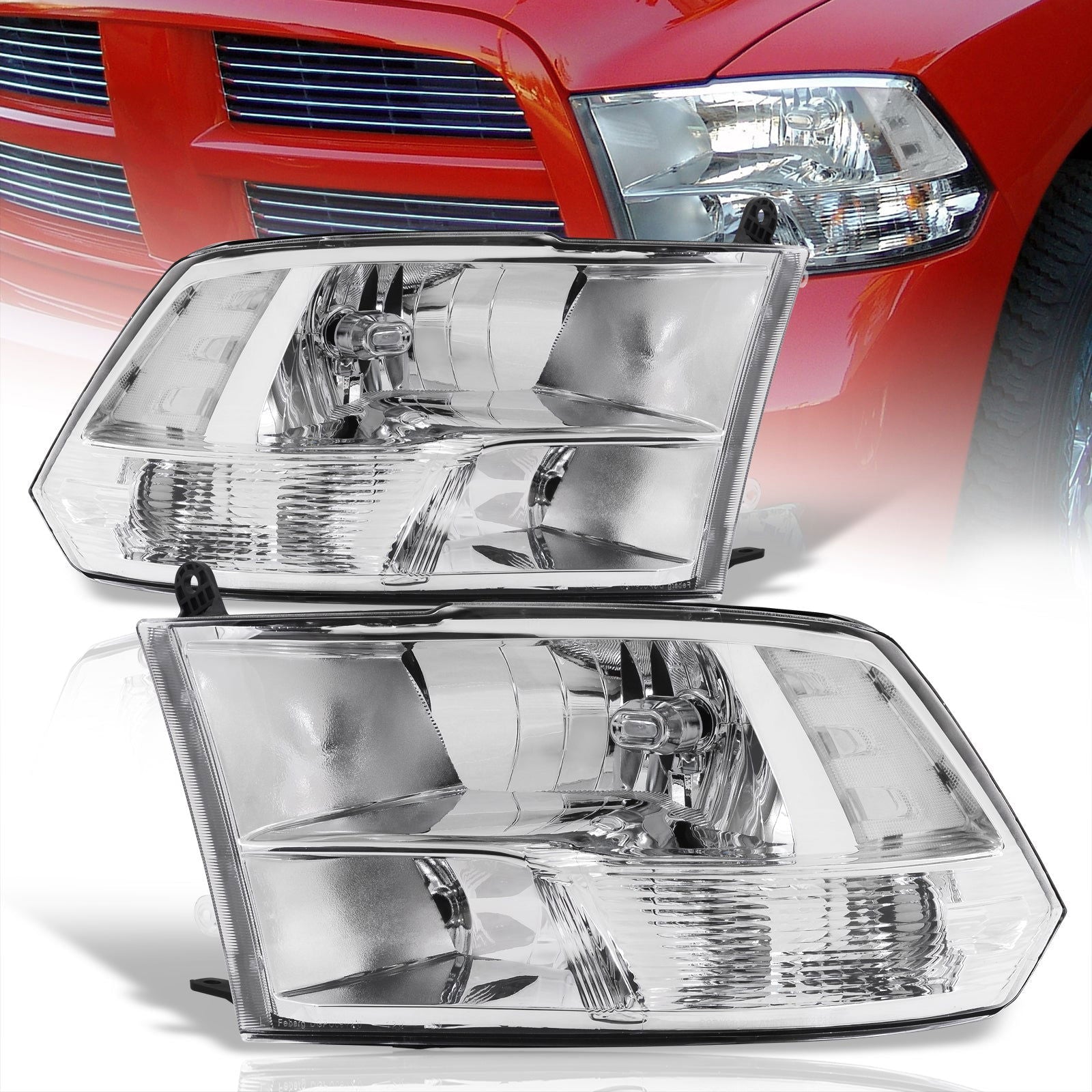 Dodge Ram 1500 2009-2018 / Ram 2500 3500 2010-2018 / Ram 4500 5500 2011-2018 / Ram 1500 Classic 2019-2023 Factory Style Quad Headlights Chrome Housing Clear Len Clear Reflector (Halogen Models Only) - Parts Agent