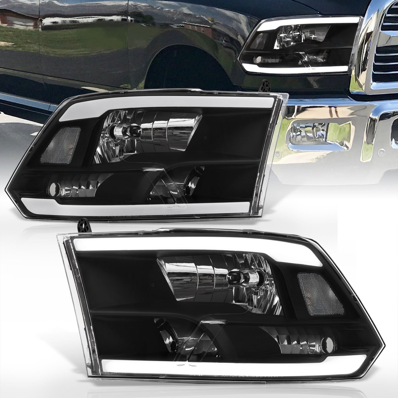 Dodge Ram 1500 2009-2018 / Ram 2500 3500 2010-2018 LED DRL Bar Factory Style Headlights Black Housing Clear Len Clear Reflector (Dual / Quad Models Headlamps Only) - Parts Agent