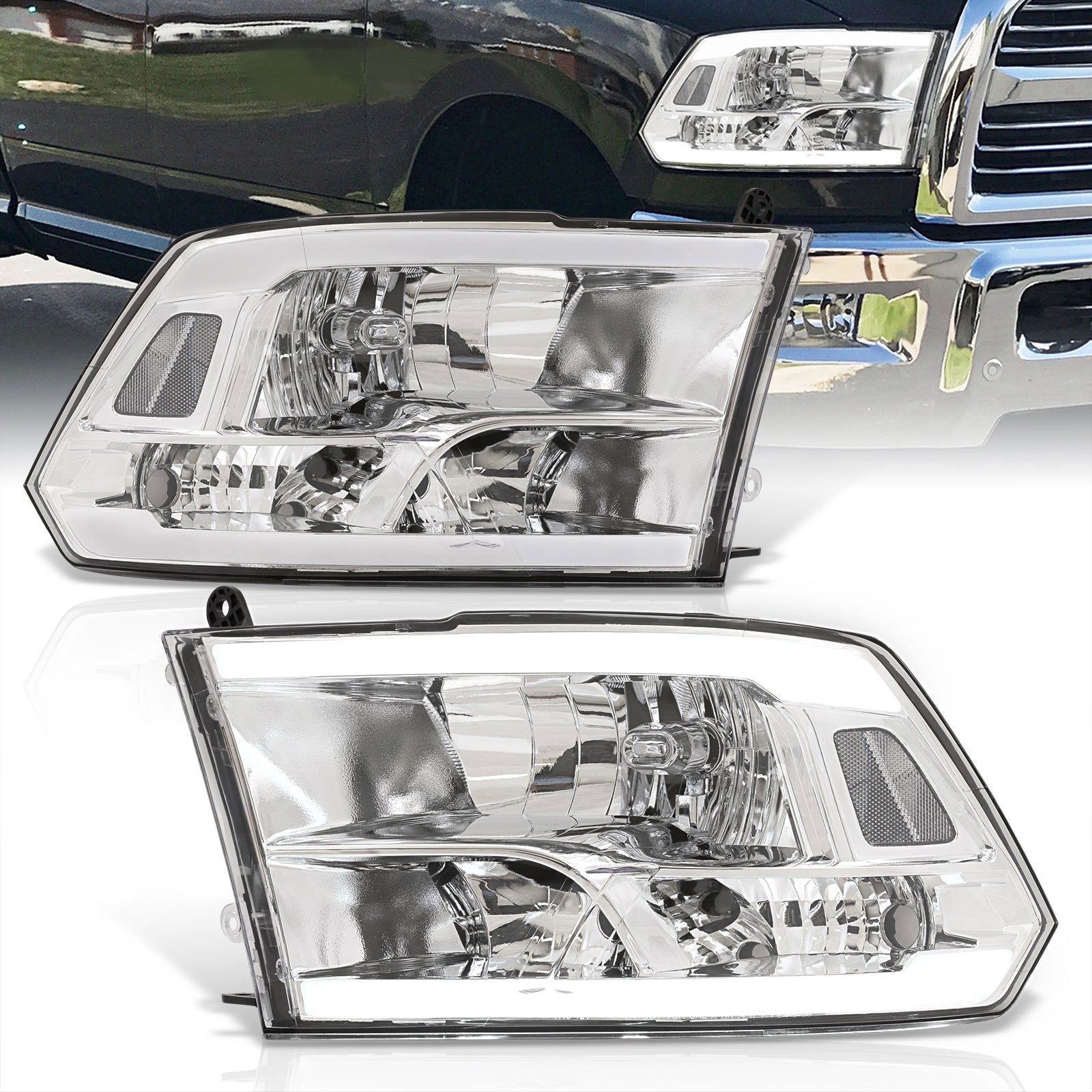 Dodge Ram 1500 2009-2018 / Ram 2500 3500 2010-2018 LED DRL Bar Factory Style Headlights Chrome Housing Clear Len Clear Reflector (Dual / Quad Models Headlamps Only) - Parts Agent
