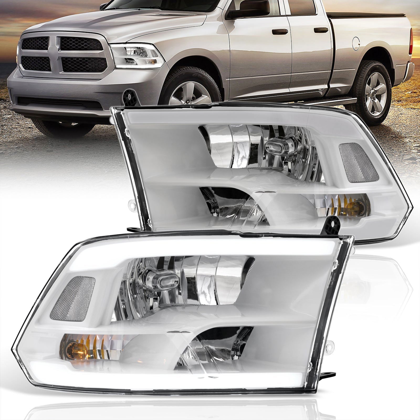 Dodge Ram 1500 2009-2018 / Ram 2500 3500 2010-2018 LED DRL Bar Factory Style Headlights White Housing Clear Len Clear Reflector (Dual / Quad Models Headlamps Only) - Parts Agent