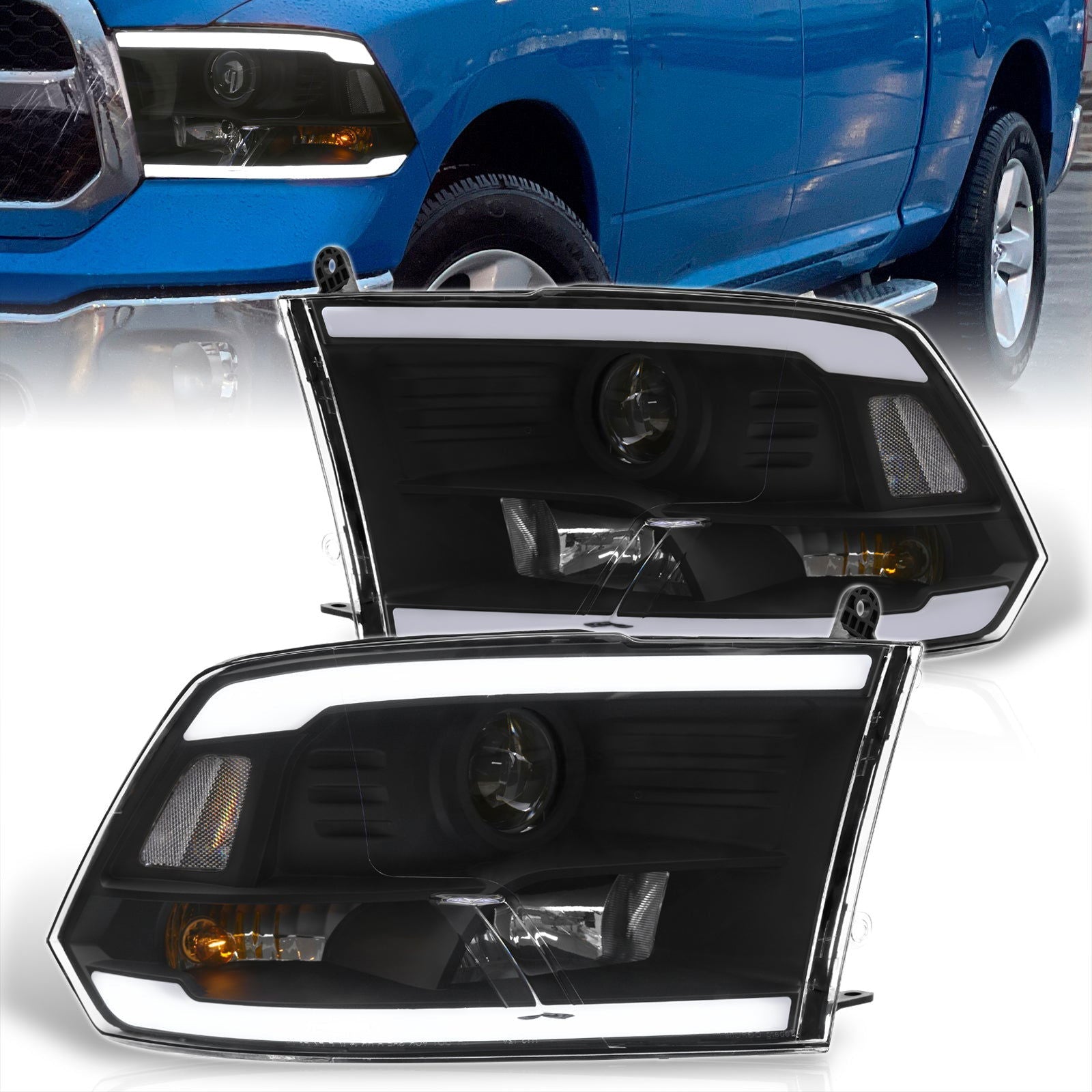 Dodge Ram 1500 2009-2018 / Ram 2500 3500 2010-2018 LED DRL Bar Projector Headlights Black Housing Clear Len Clear Reflector (Dual / Quad Models Headlamps Only) - Parts Agent
