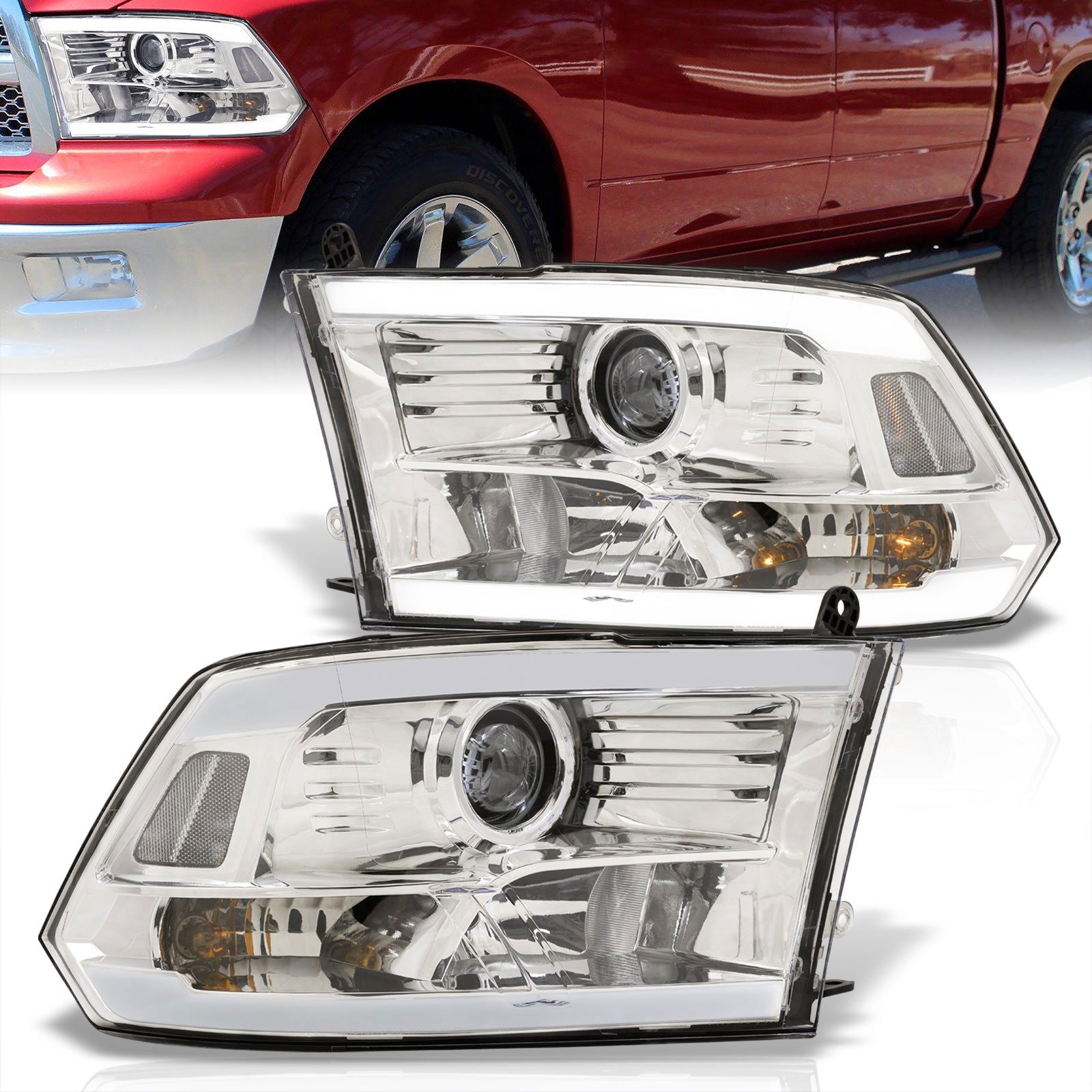 Dodge Ram 1500 2009-2018 / Ram 2500 3500 2010-2018 LED DRL Bar Projector Headlights Chrome Housing Clear Len Clear Reflector (Dual / Quad Models Headlamps Only) - Parts Agent