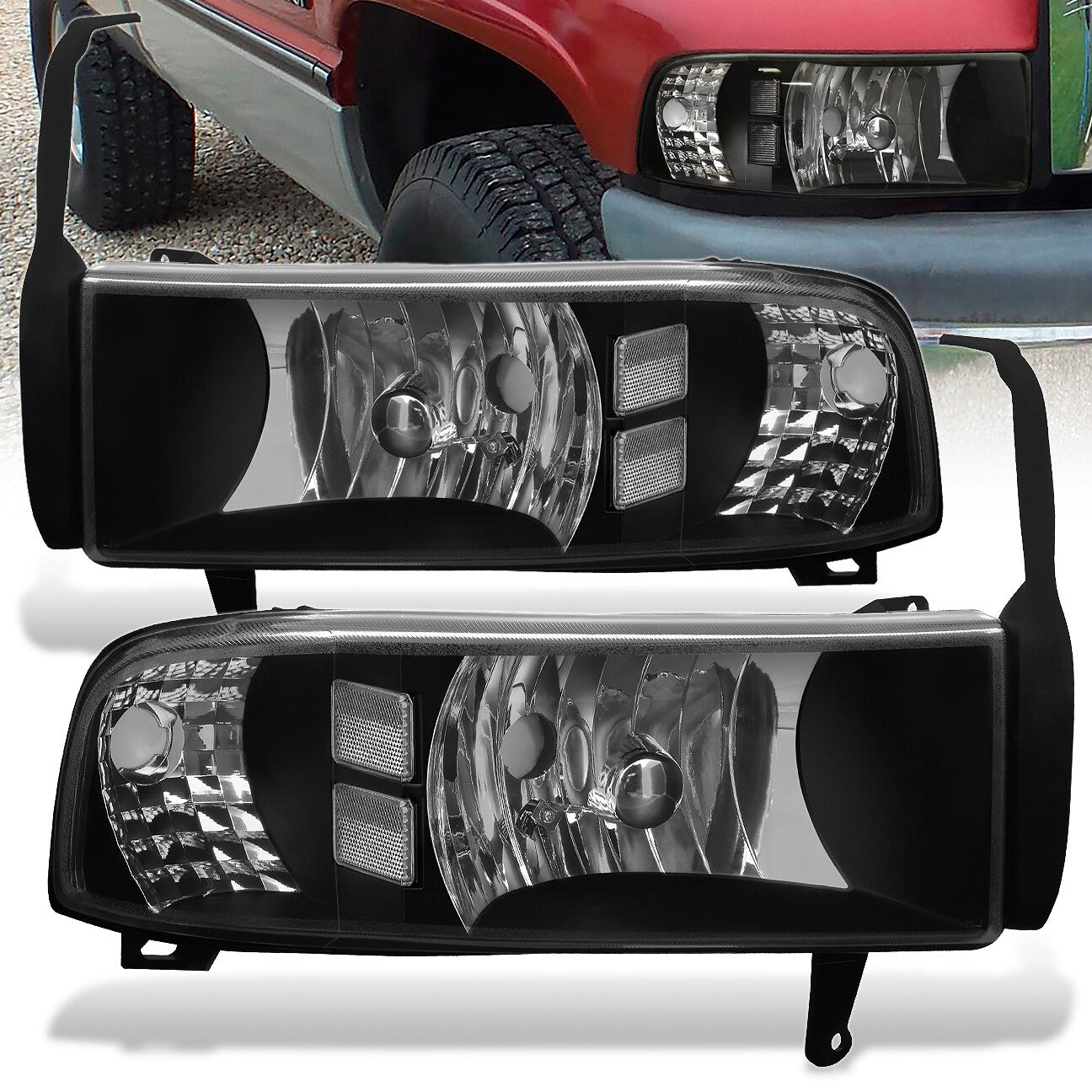 Dodge Ram 1500 2500 3500 1994-2001 1 Piece Headlights Black Housing Clear Len Clear Reflector ( Except sports package models ) - Parts Agent
