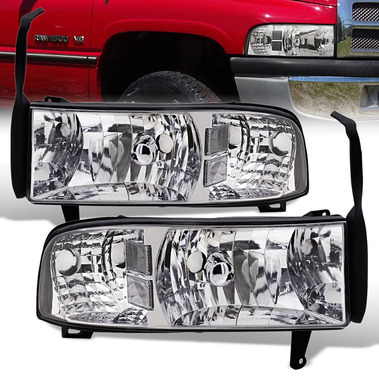 Dodge Ram 1500 2500 3500 1994-2001 1 Piece Headlights Chrome Housing Clear Len Clear Reflector ( Except sports package models ) - Parts Agent