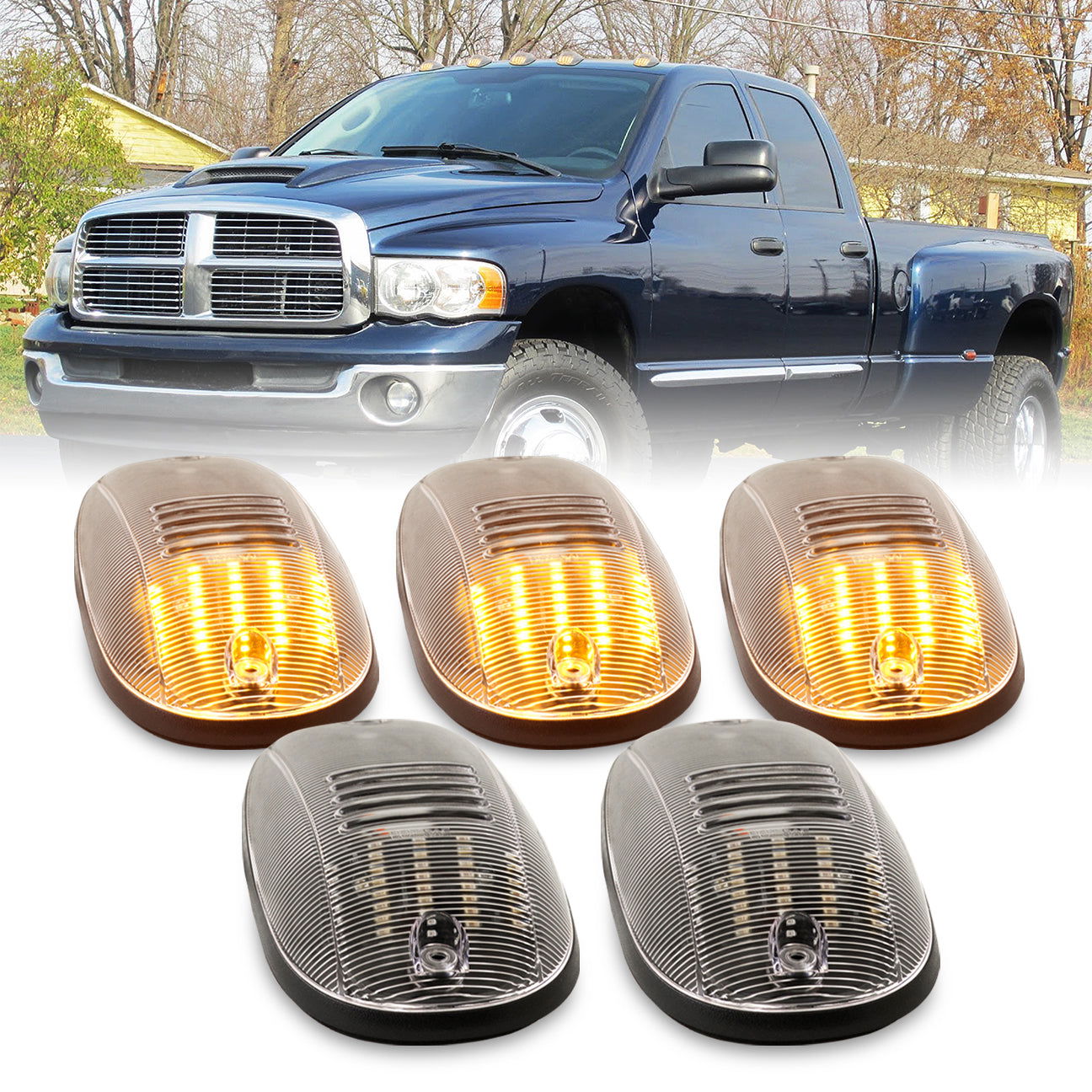 5-Piece Clear Lens Amber LED Roof Light Kit For 2014-2023 RAM