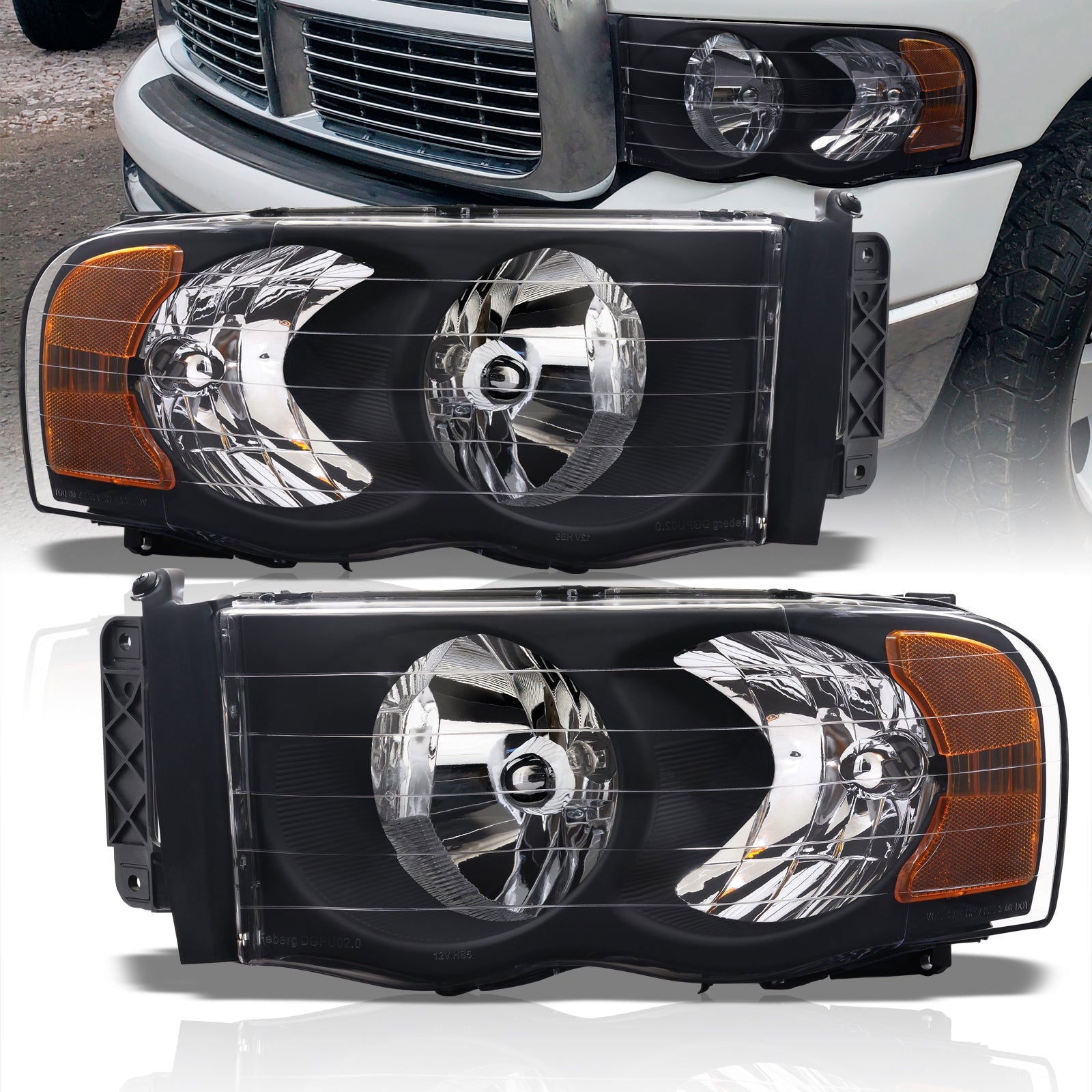 Dodge Ram 1500 Truck 2002-2005 / 2500 3500 Truck 2003-2005 Factory Style Headlights Black Housing Clear Len Clear Reflector - Parts Agent