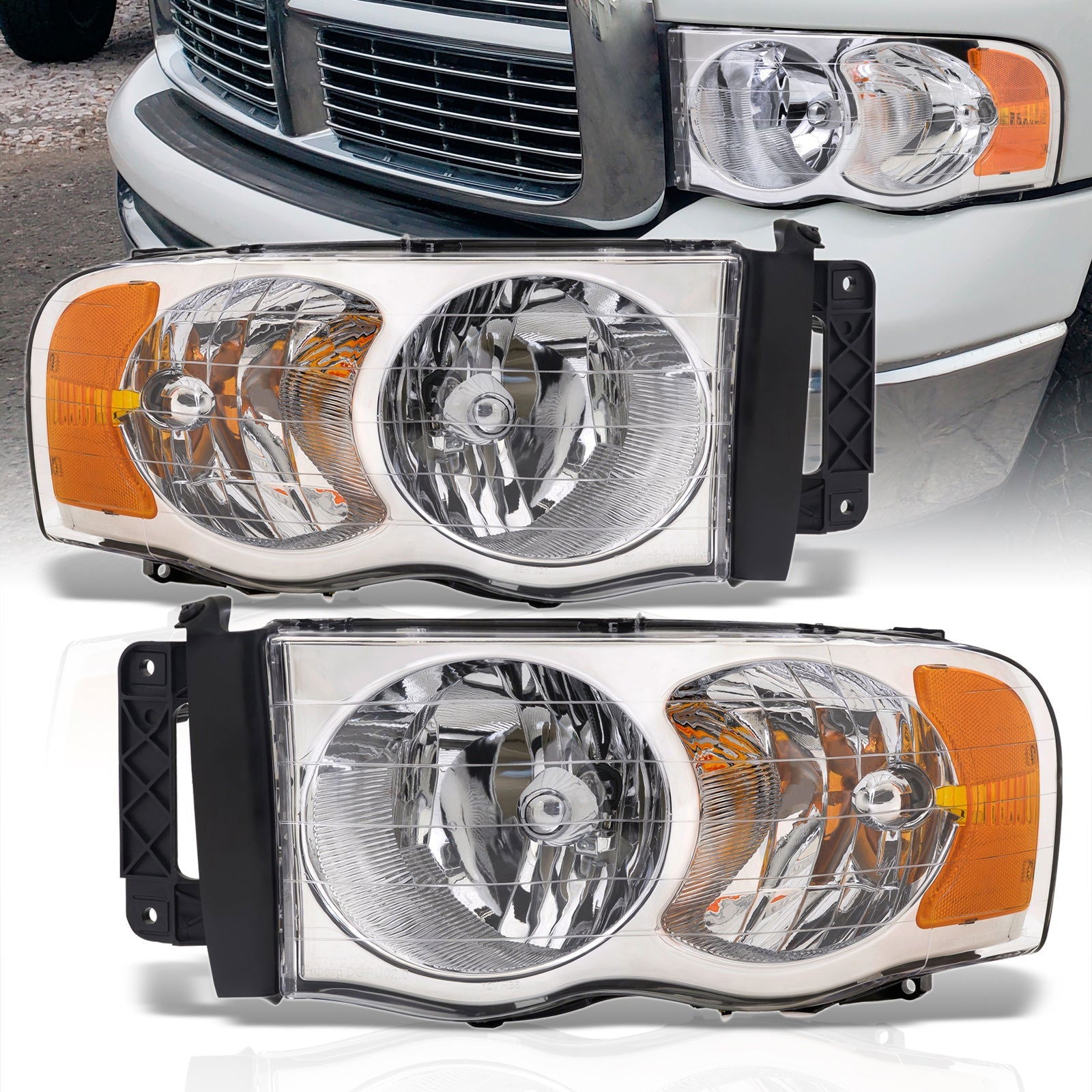 Dodge Ram 1500 Truck 2002-2005 / 2500 3500 Truck 2003-2005 Factory Style Headlights Chrome Housing Clear Len Amber Reflector - Parts Agent
