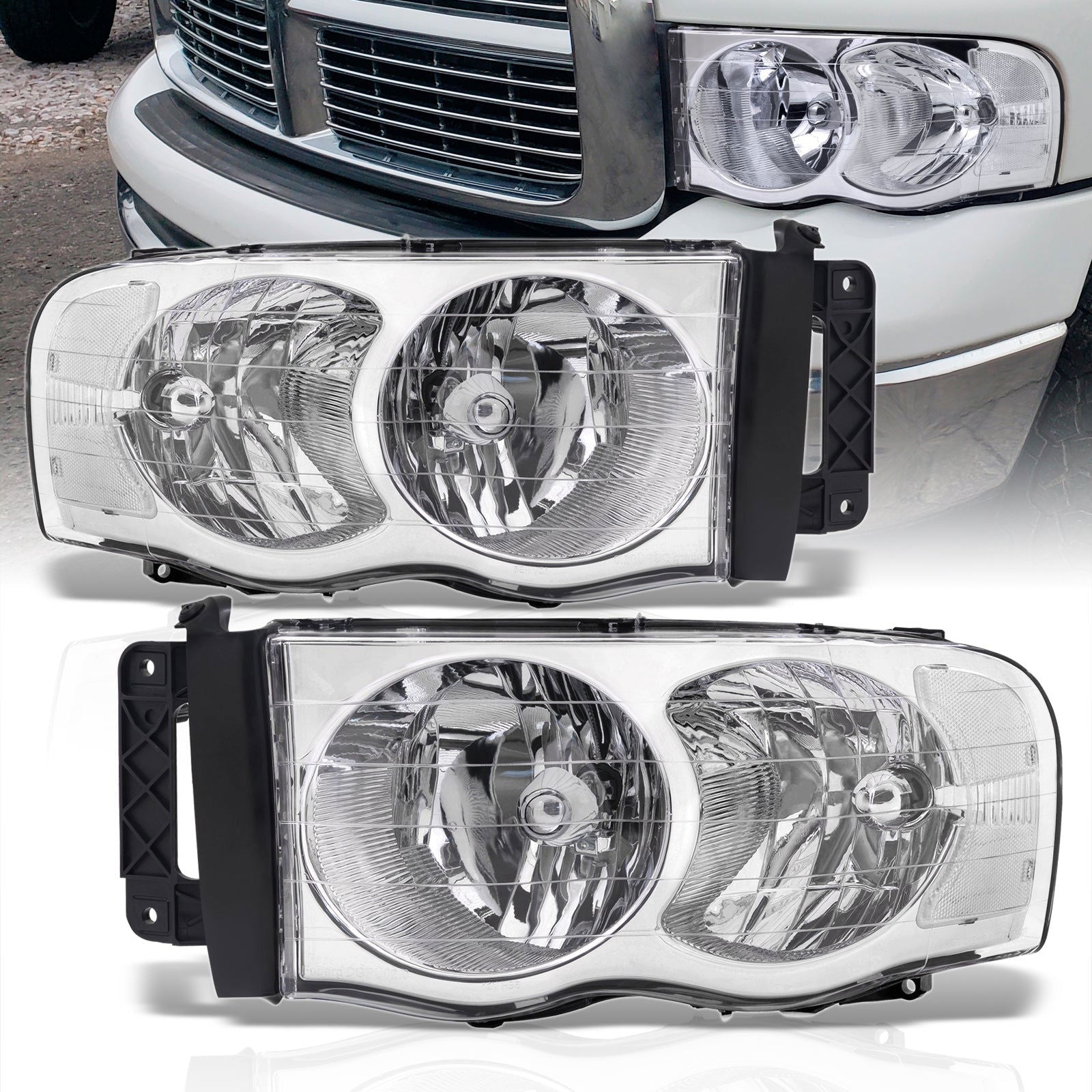 Dodge Ram 1500 Truck 2002-2005 / 2500 3500 Truck 2003-2005 Factory Style Headlights Chrome Housing Clear Len Clear Reflector - Parts Agent