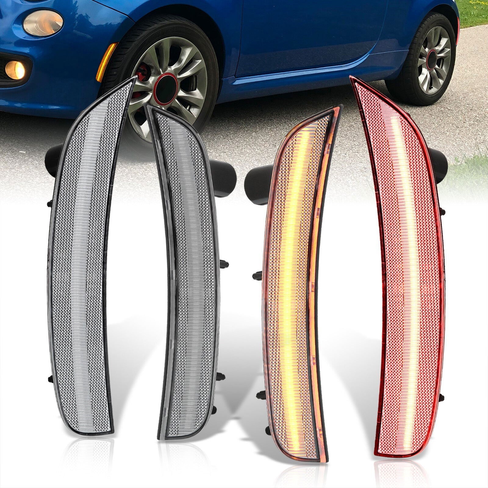 Fiat 500 500e 2011-2019 4 Piece Front Amber & Rear Red LED Side Marker Lights Clear Len (Does not fit Lounge, Pop, Turbo, & Abarth) - Parts Agent