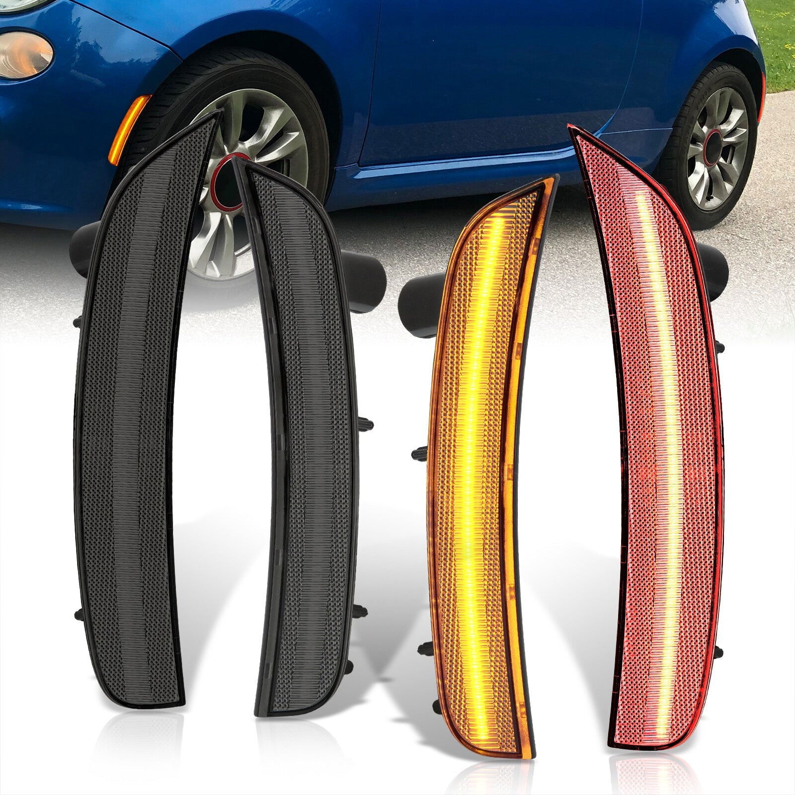 Fiat 500 500e 2011-2019 4 Piece Front Amber & Rear Red LED Side Marker Lights Smoke Len (Does not fit Lounge, Pop, Turbo, & Abarth) - Parts Agent