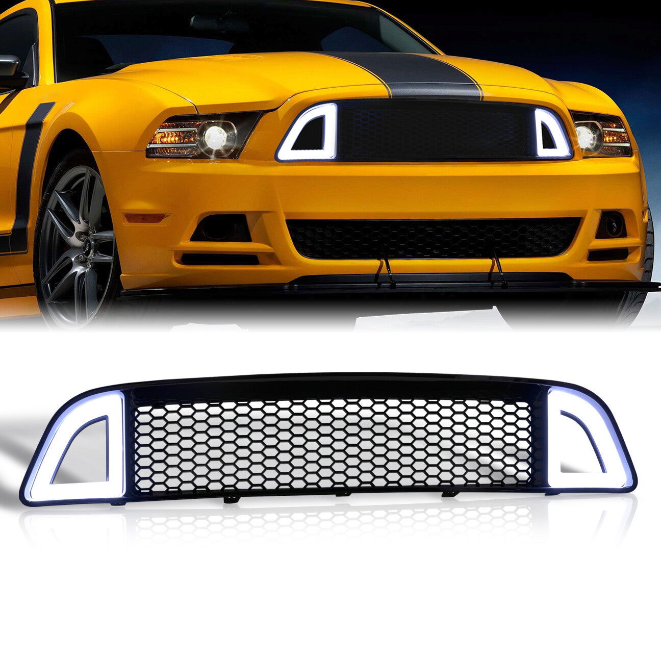 For 2013-2014 Ford Mustang S197-II Facelifted (Will Not Fit Shelby Models) Front Upper Honeycomb Mesh Grille with Sequential LED DRL Accent Vent Lights - Parts Agent