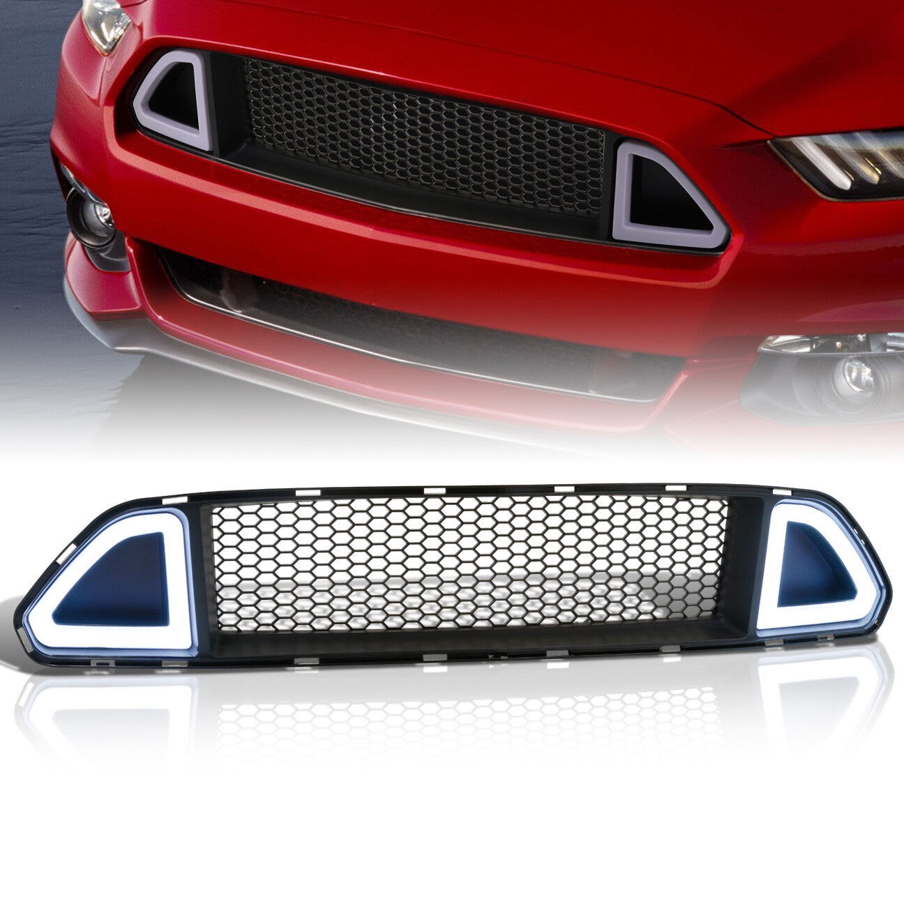 For 2015-2017 Ford Mustang S550 Front Upper Honeycomb Mesh Grille with LED DRL Accent Vent Lights - Parts Agent