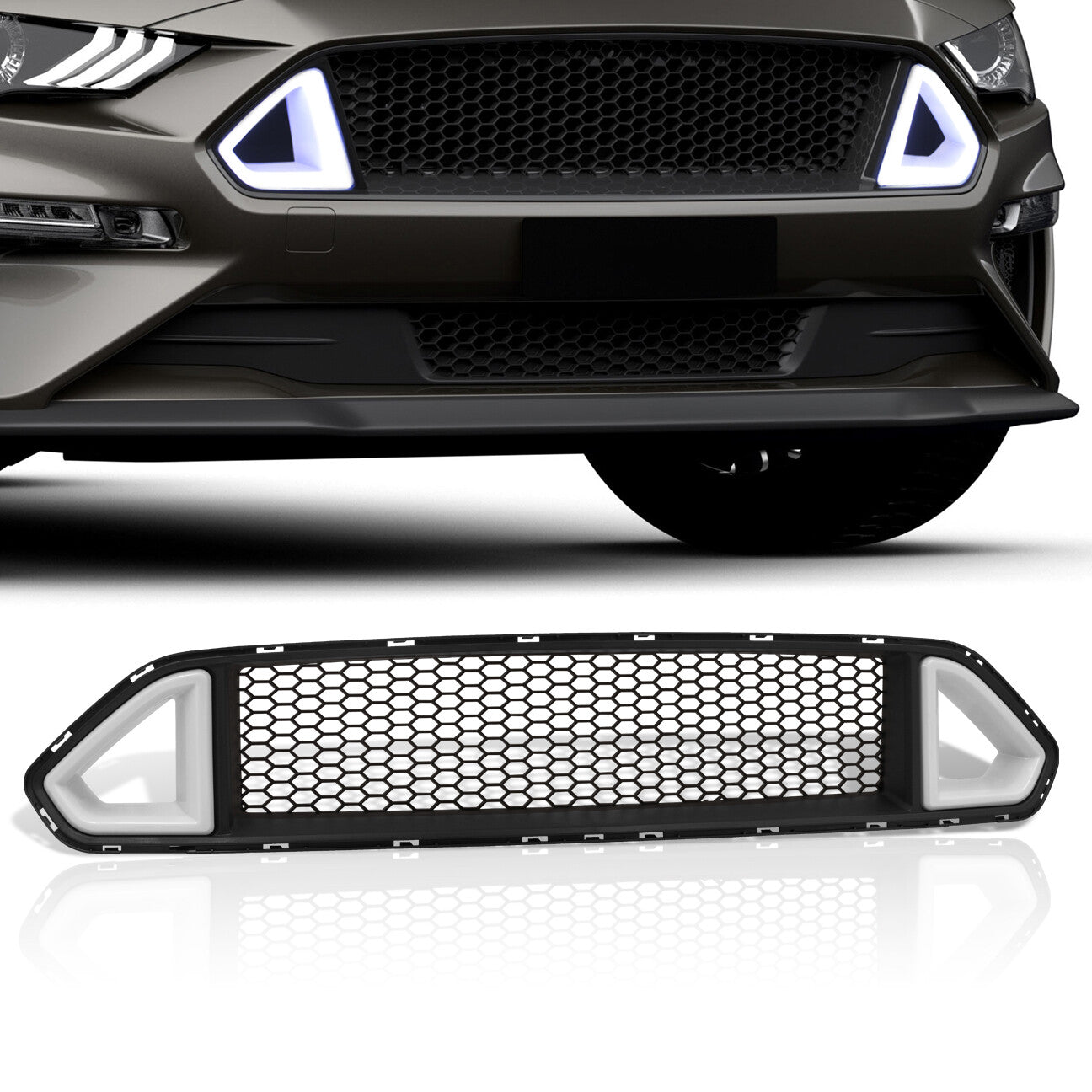 For 2018-2020 Ford Mustang S550 Front Upper Honeycomb Mesh Grille with LED DRL Accent Vent Lights - Parts Agent
