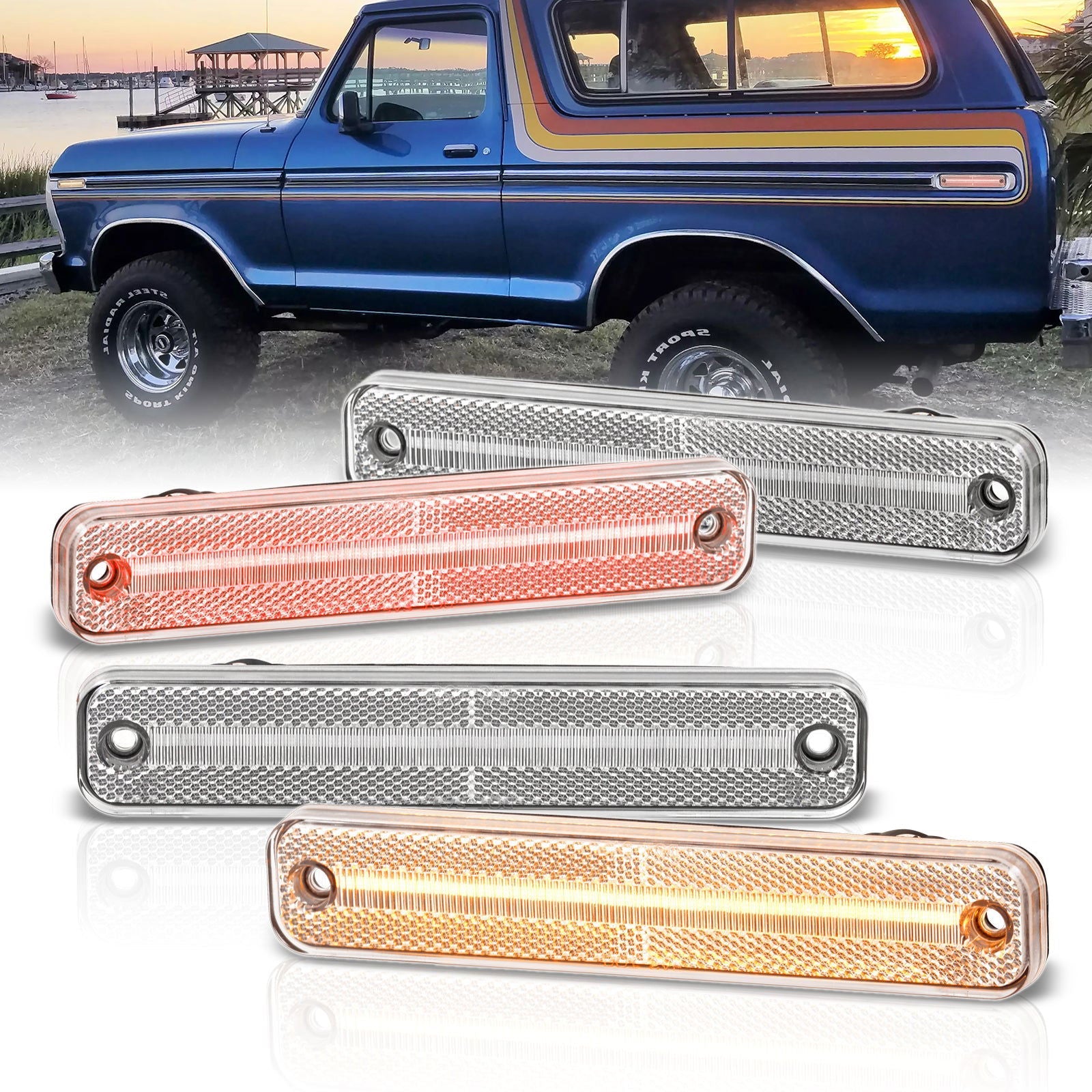 Ford Bronco 1978-1979 / F100 F150 F250 1973-1979 / E150 E350 Econoline 1975-1991 4 Piece Front Amber & Rear Red LED Side Marker Lights Clear Len - Parts Agent