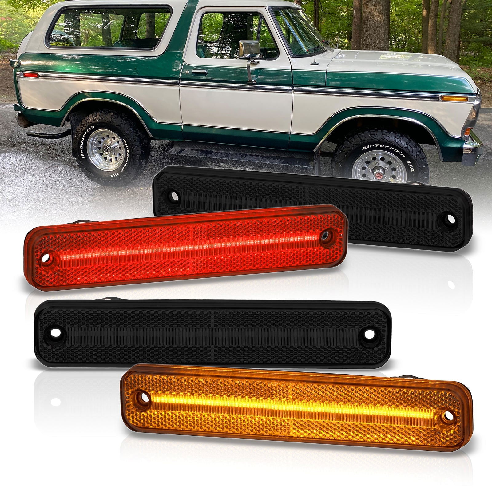 Ford Bronco 1978-1979 / F100 F150 F250 1973-1979 / E150 E350 Econoline 1975-1991 4 Piece Front Amber & Rear Red LED Side Marker Lights Smoke Len - Parts Agent