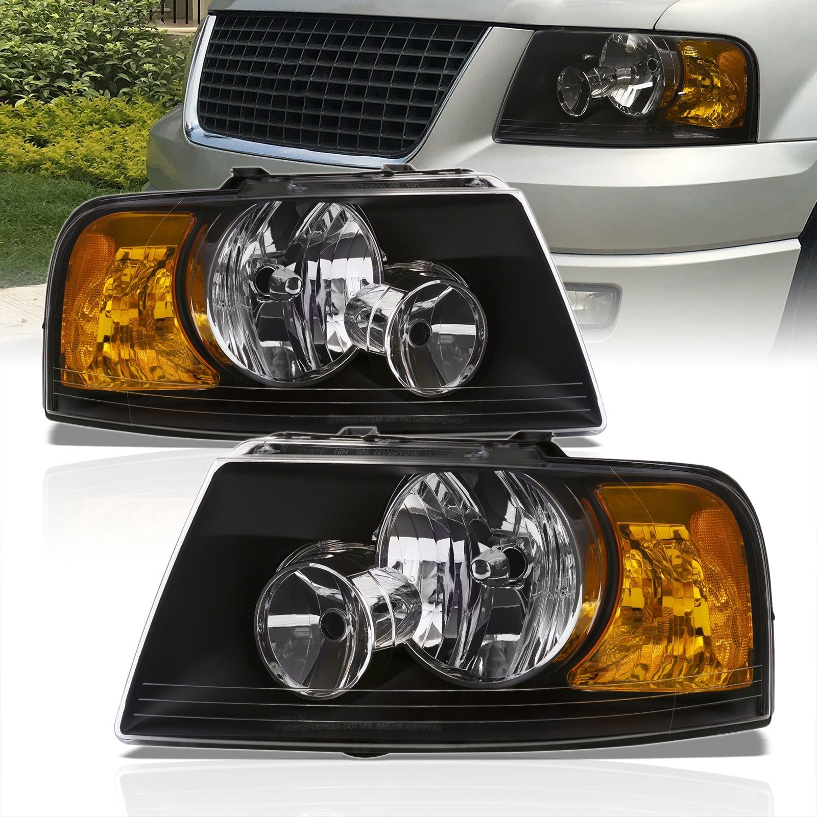 Ford Expedition 2003-2006 Factory Style Headlights Black Housing Clear Len Amber Reflector - Parts Agent