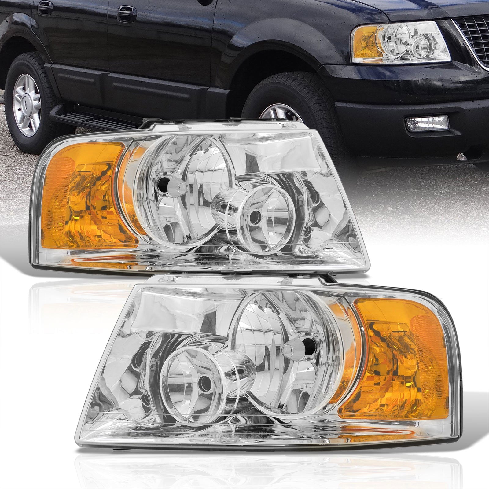 Ford Expedition 2003-2006 Factory Style Headlights Chrome Housing Clear Len Amber Reflector - Parts Agent