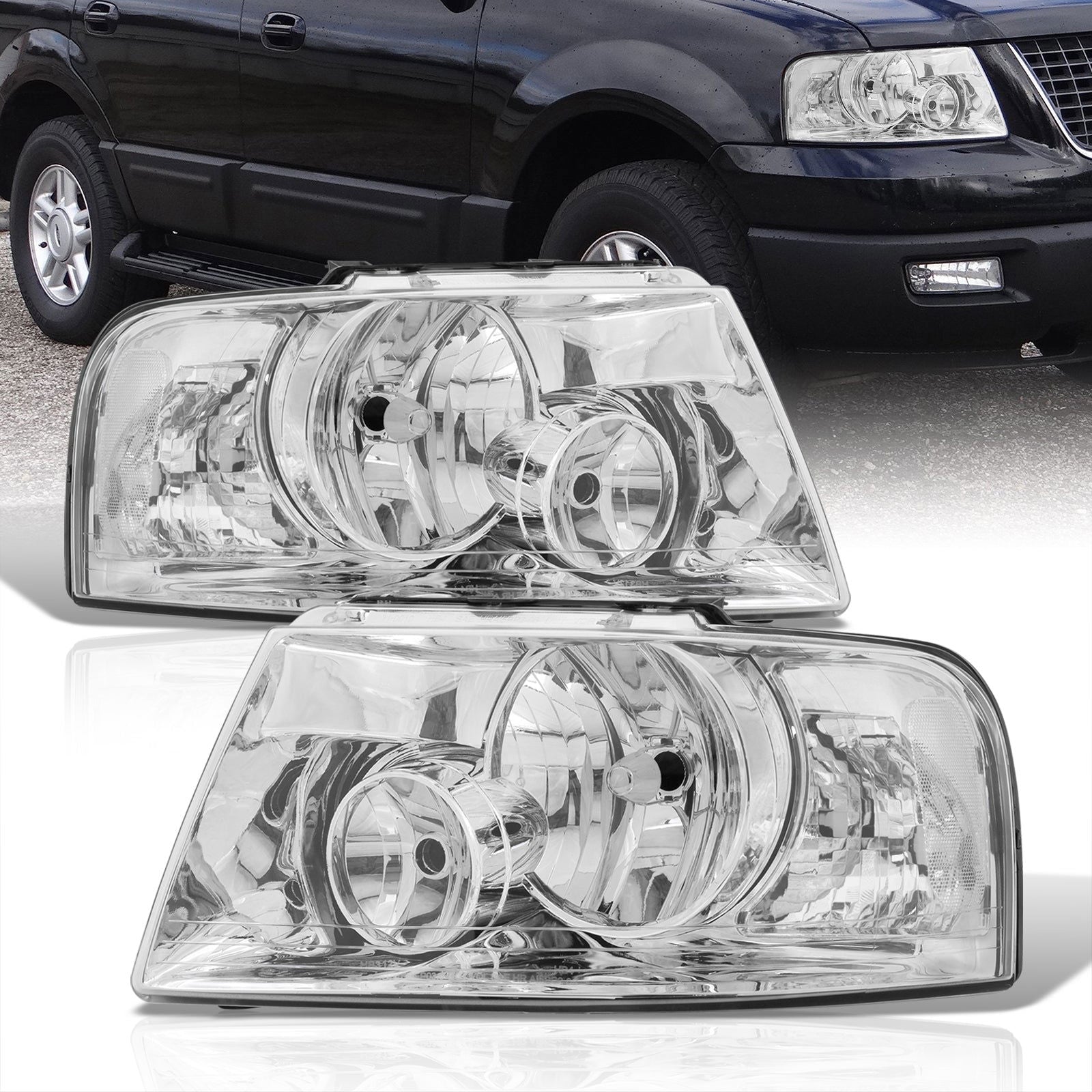 Ford Expedition 2003-2006 Factory Style Headlights Chrome Housing Clear Len Clear Reflector - Parts Agent