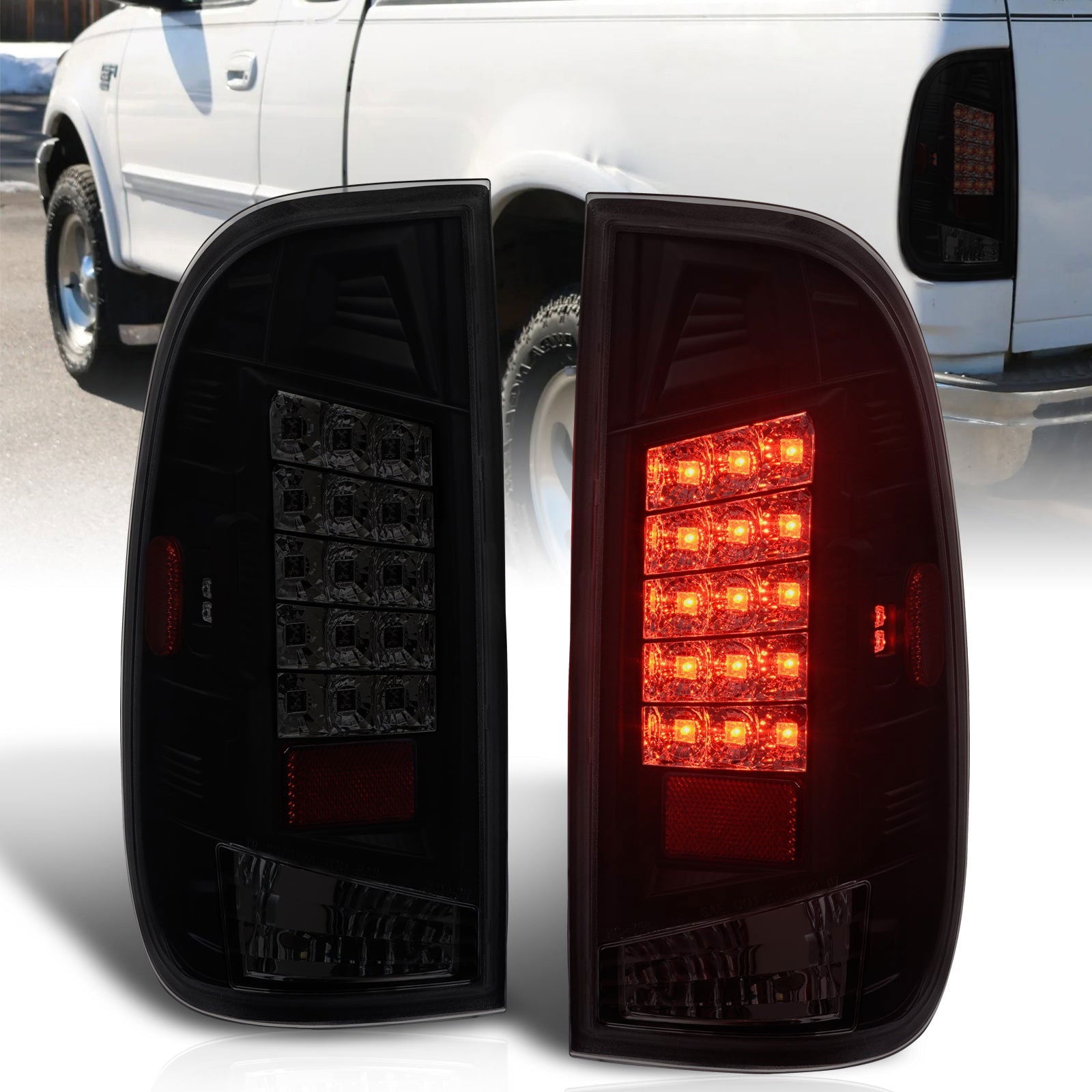 Ford F150 1997-2003 / F250 Light Duty 1997-1999 / F250 F350 F450 F550 Super Duty 1999-2007 LED Tail Lights Black Housing Smoked Len (Styleside Models Only) - Parts Agent