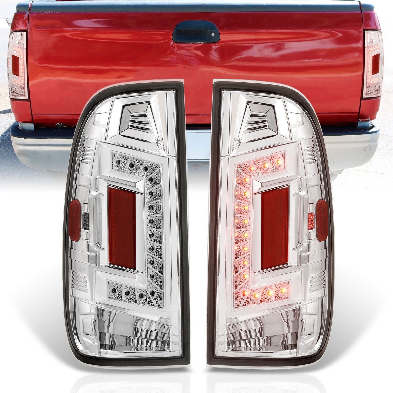Ford F150 1997-2003 / F250 Light Duty 1997-1999 / F250 F350 F450 F550 Super Duty 1999-2007 LED Tail Lights Chrome Housing Clear Len (Styleside Models Only) - Parts Agent