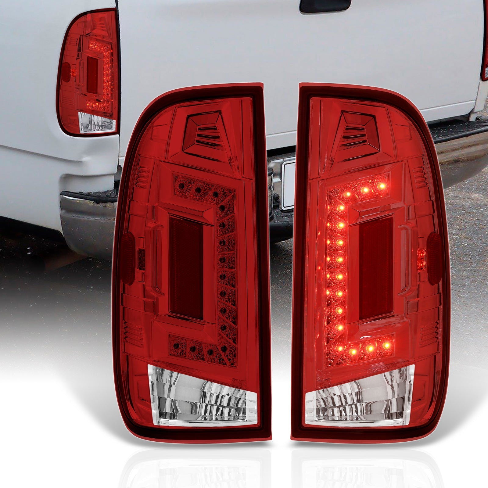 Ford F150 1997-2003 / F250 Light Duty 1997-1999 / F250 F350 F450 F550 Super Duty 1999-2007 LED Tail Lights Chrome Housing Red Len (Styleside Models Only) - Parts Agent