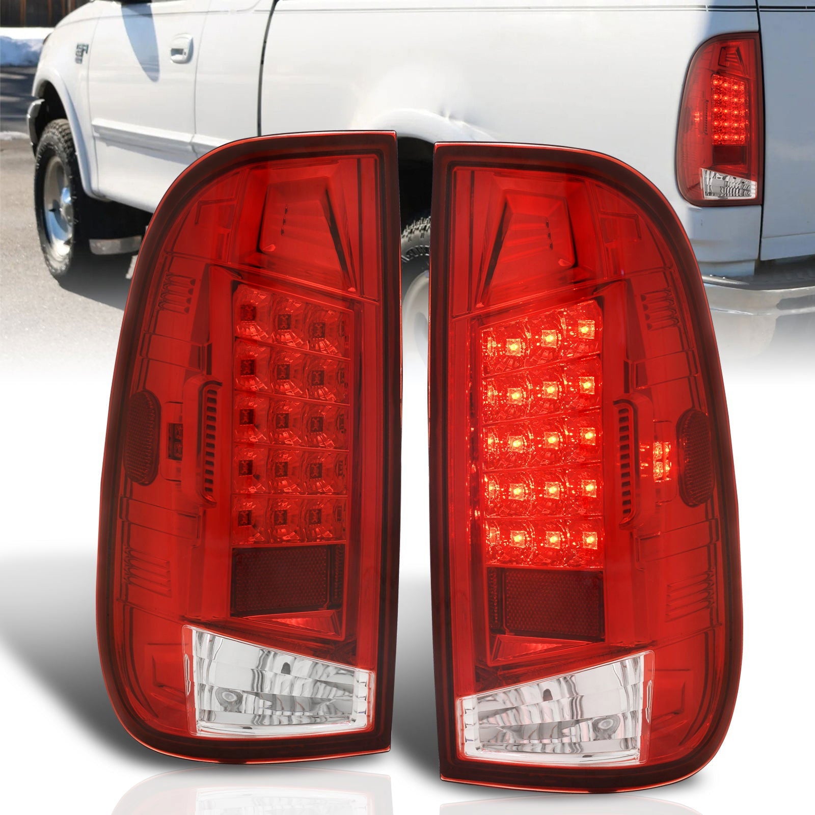 Ford F150 1997-2003 / F250 Light Duty 1997-1999 / F250 F350 F450 F550 Super Duty 1999-2007 LED Tail Lights Chrome Housing Red Len (Styleside Models Only) - Parts Agent