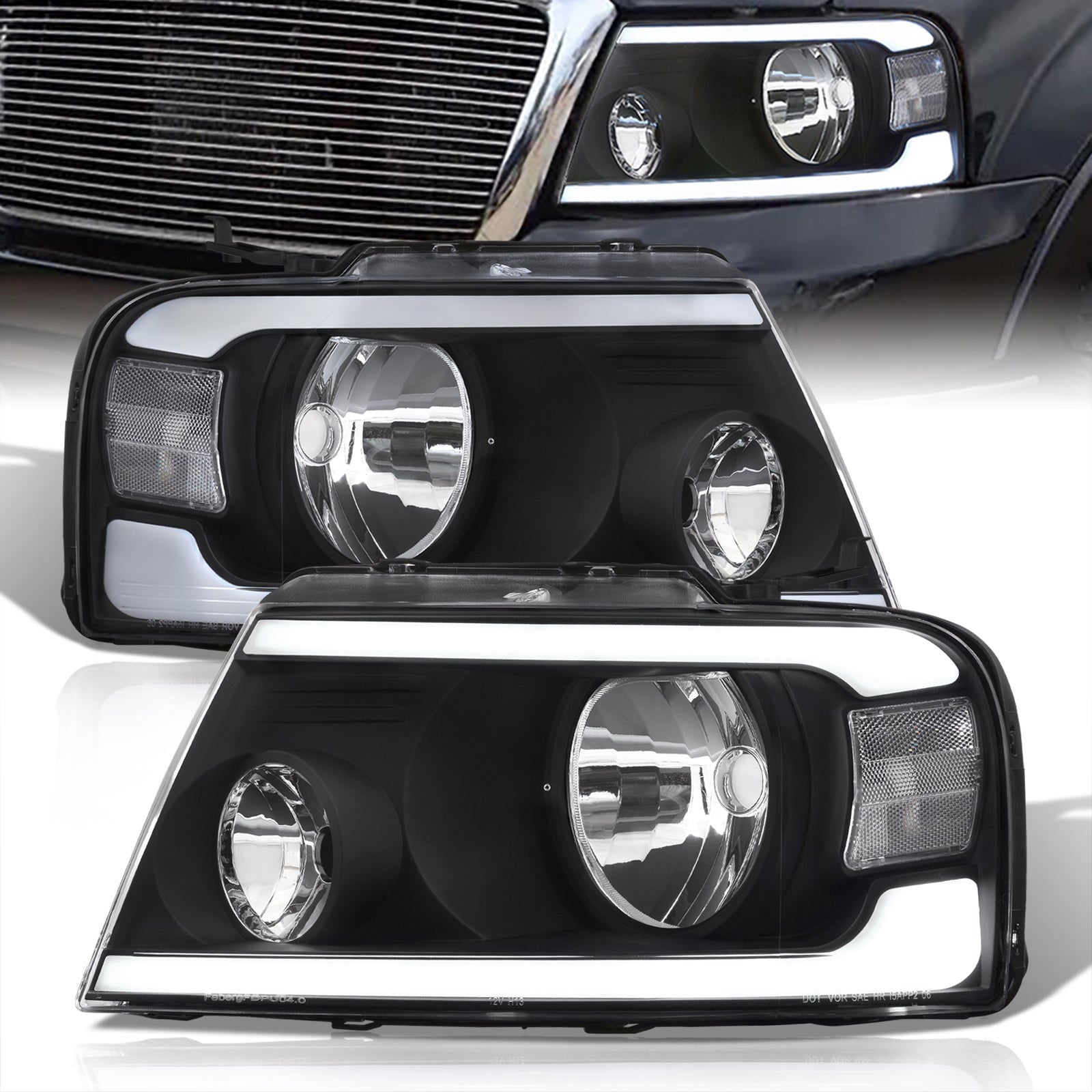 Ford F150 2004-2008 / Lincoln Mark LT 2005-2008 LED DRL Bar Factory Style Headlights Black Housing Clear Len Clear Reflector - Parts Agent