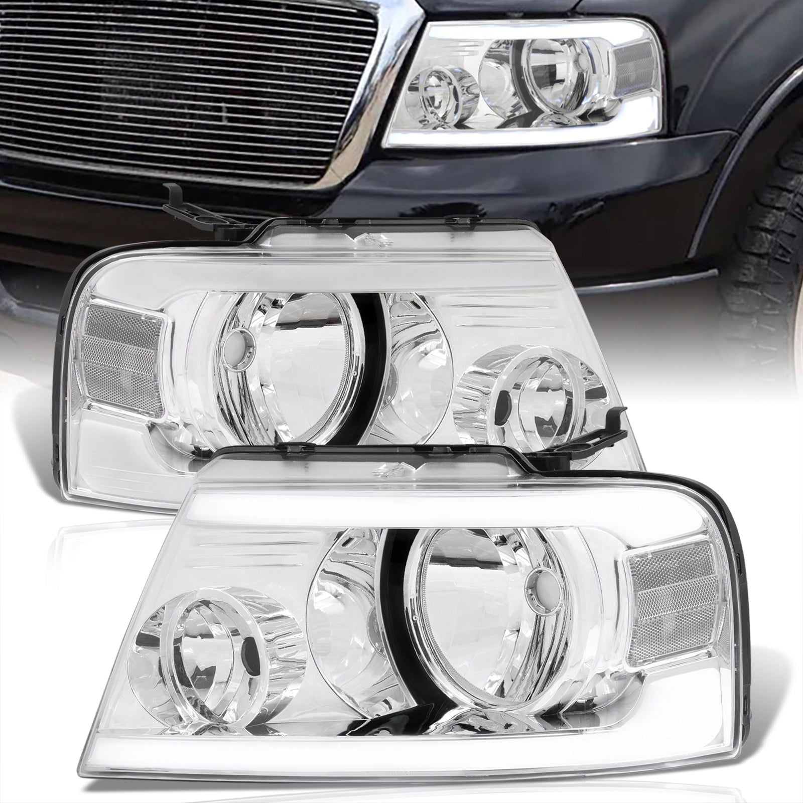 Ford F150 2004-2008 / Lincoln Mark LT 2005-2008 LED DRL Bar Factory Style Headlights Chrome Housing Clear Len Clear Reflector - Parts Agent