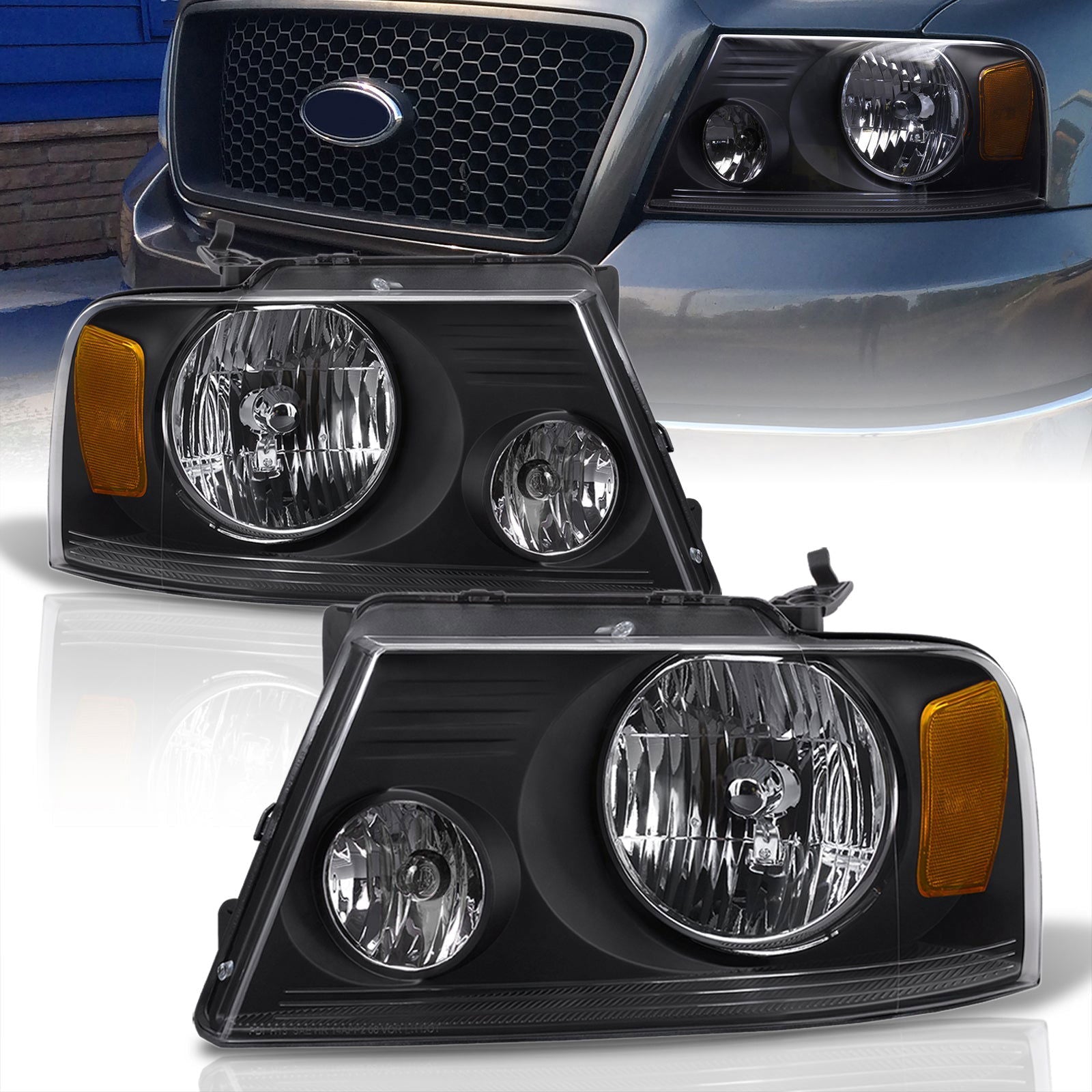 Ford F150 2004-2008 / Lincoln Mark LT 2006-2008 Factory Style Headlights Black Housing Clear Len Amber Reflector - Parts Agent