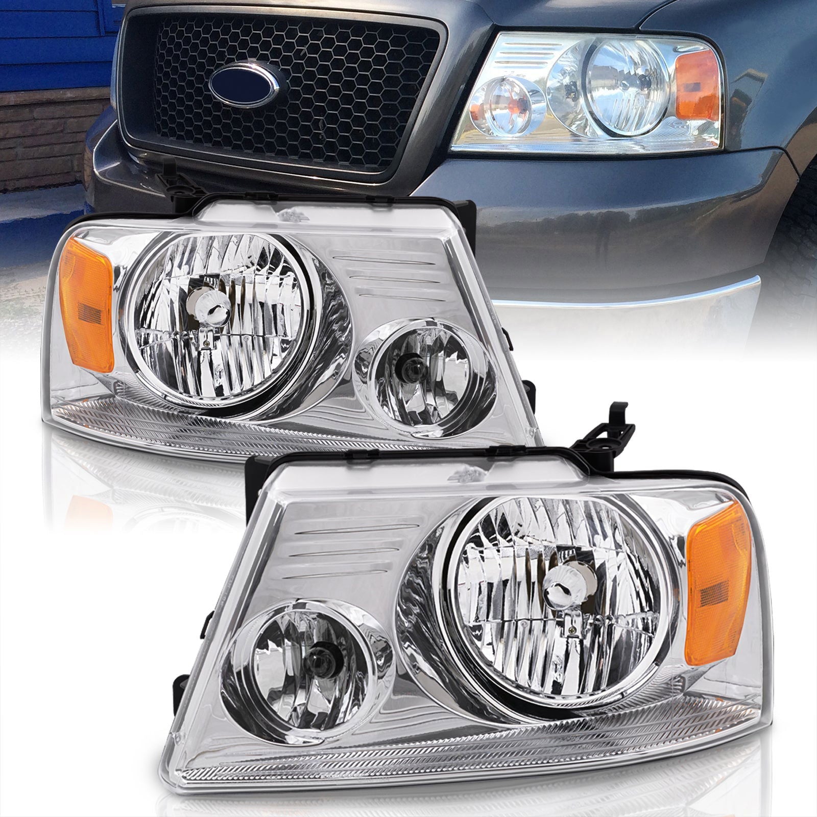 Ford F150 2004-2008 / Lincoln Mark LT 2006-2008 Factory Style Headlights Chrome Housing Clear Len Amber Reflector - Parts Agent