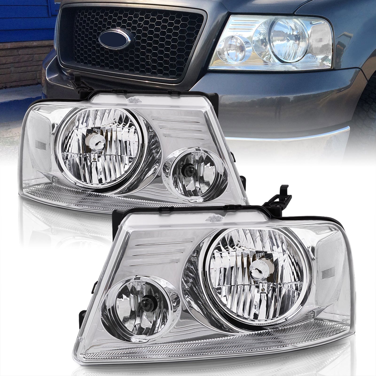 Ford F150 2004-2008 / Lincoln Mark LT 2006-2008 Factory Style Headlights Chrome Housing Clear Len Clear Reflector - Parts Agent
